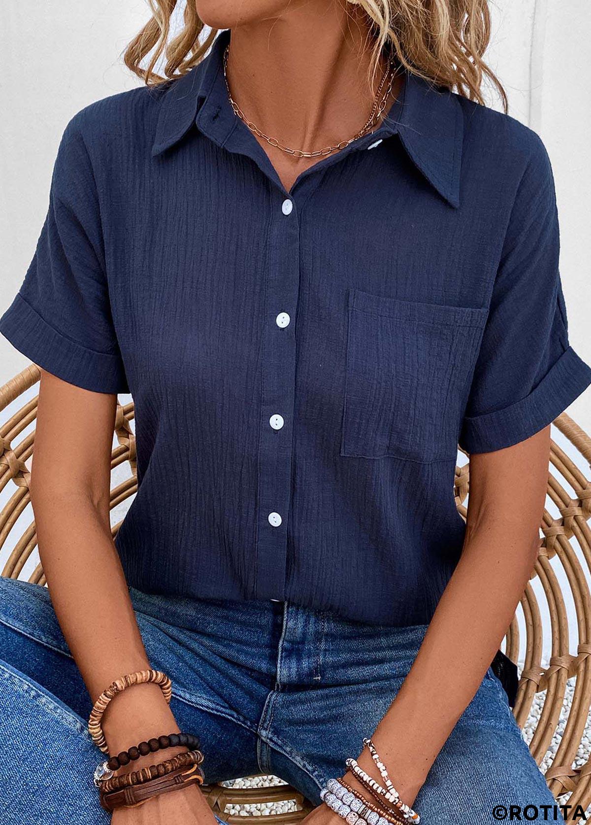 Navy tops,Plain Color tops,ROTITA Pocket Navy Shirt Collar Short Sleeve Blouse