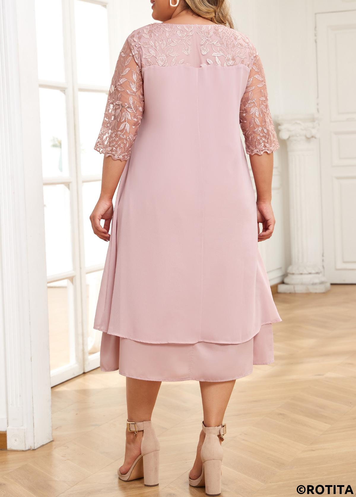 Light Pink plus size,Plain Color plus size,Plus Size Embroidery Light Pink A Line Dress