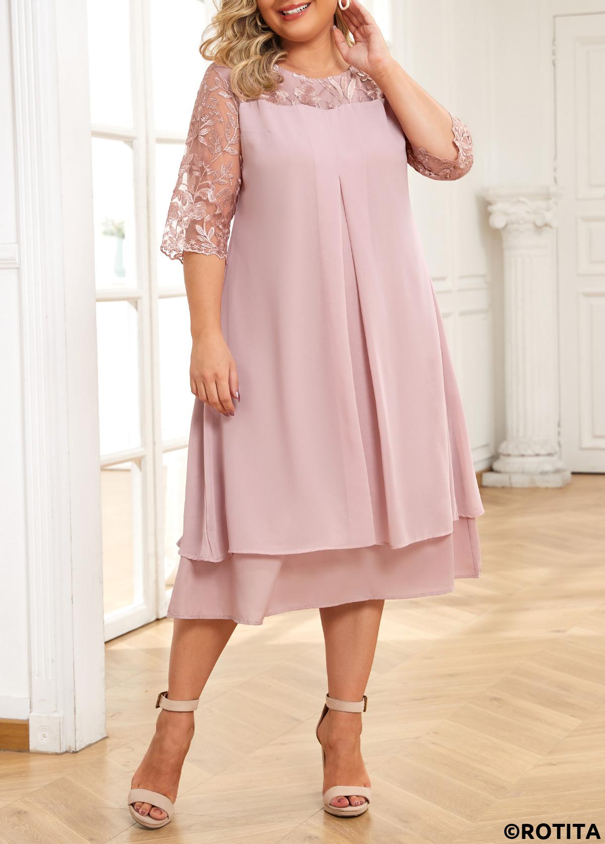 Light Pink plus size,Plain Color plus size,Plus Size Embroidery Light Pink A Line Dress