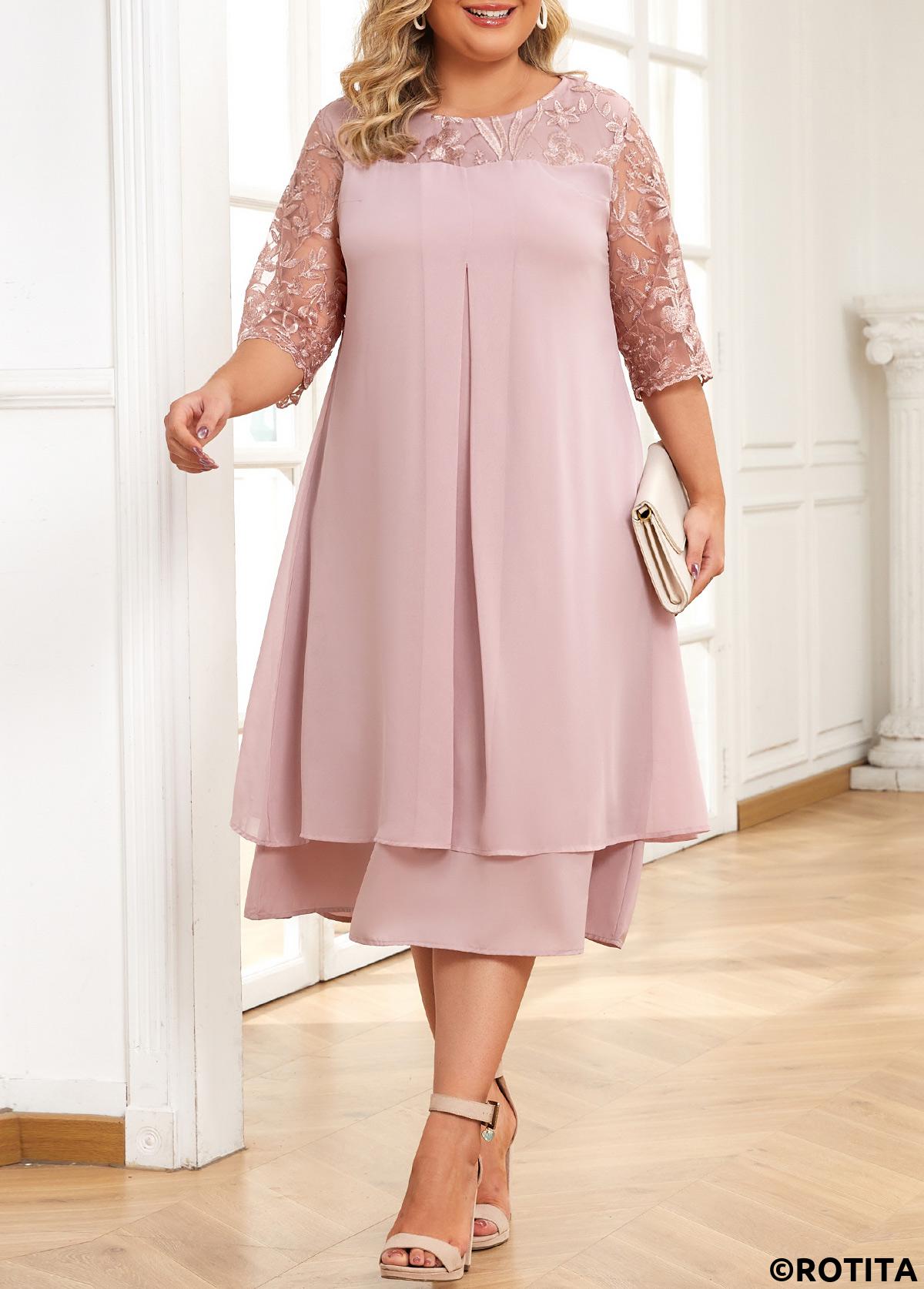 Light Pink plus size,Plain Color plus size,Plus Size Embroidery Light Pink A Line Dress