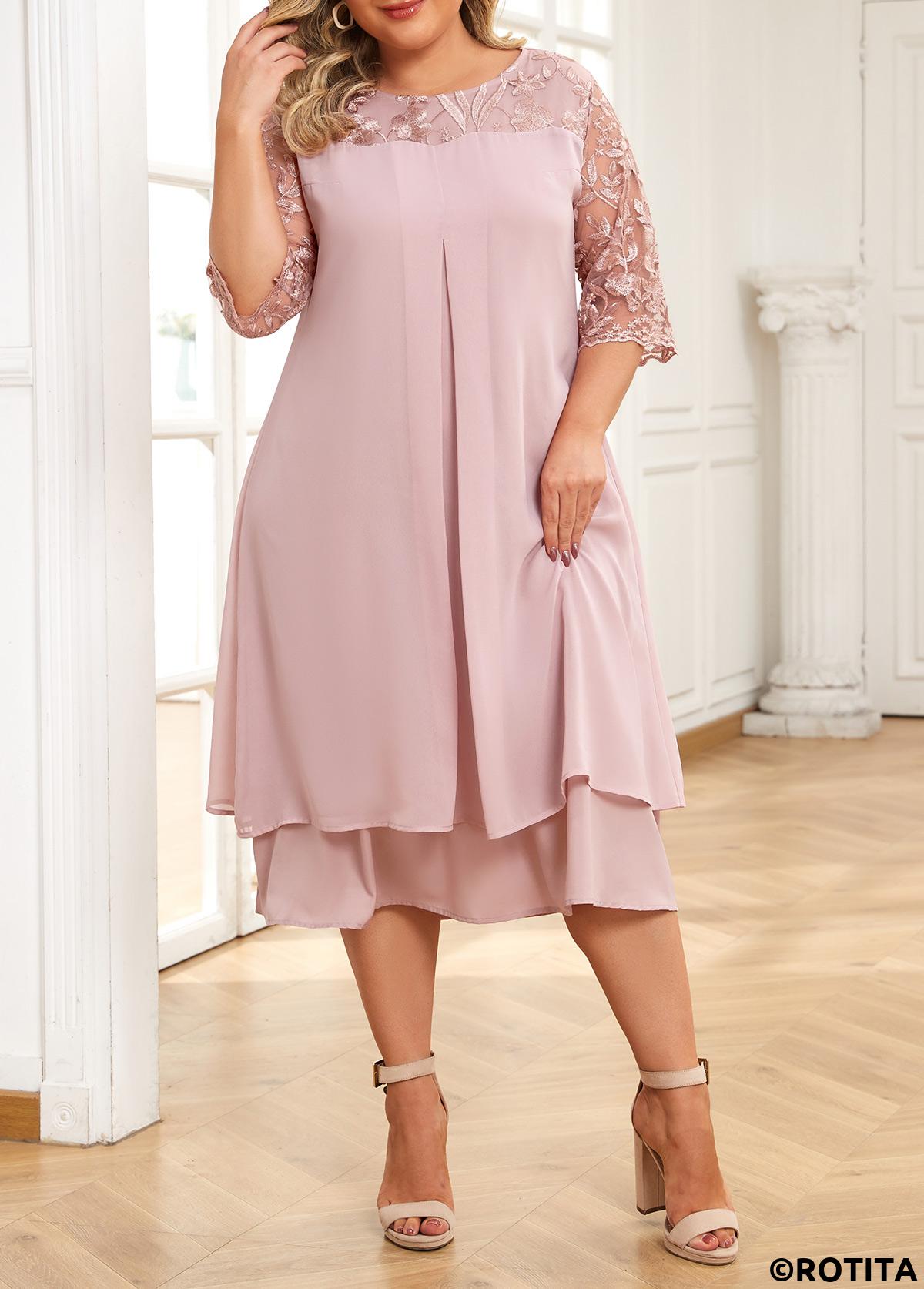 Light Pink plus size,Plain Color plus size,Plus Size Embroidery Light Pink A Line Dress