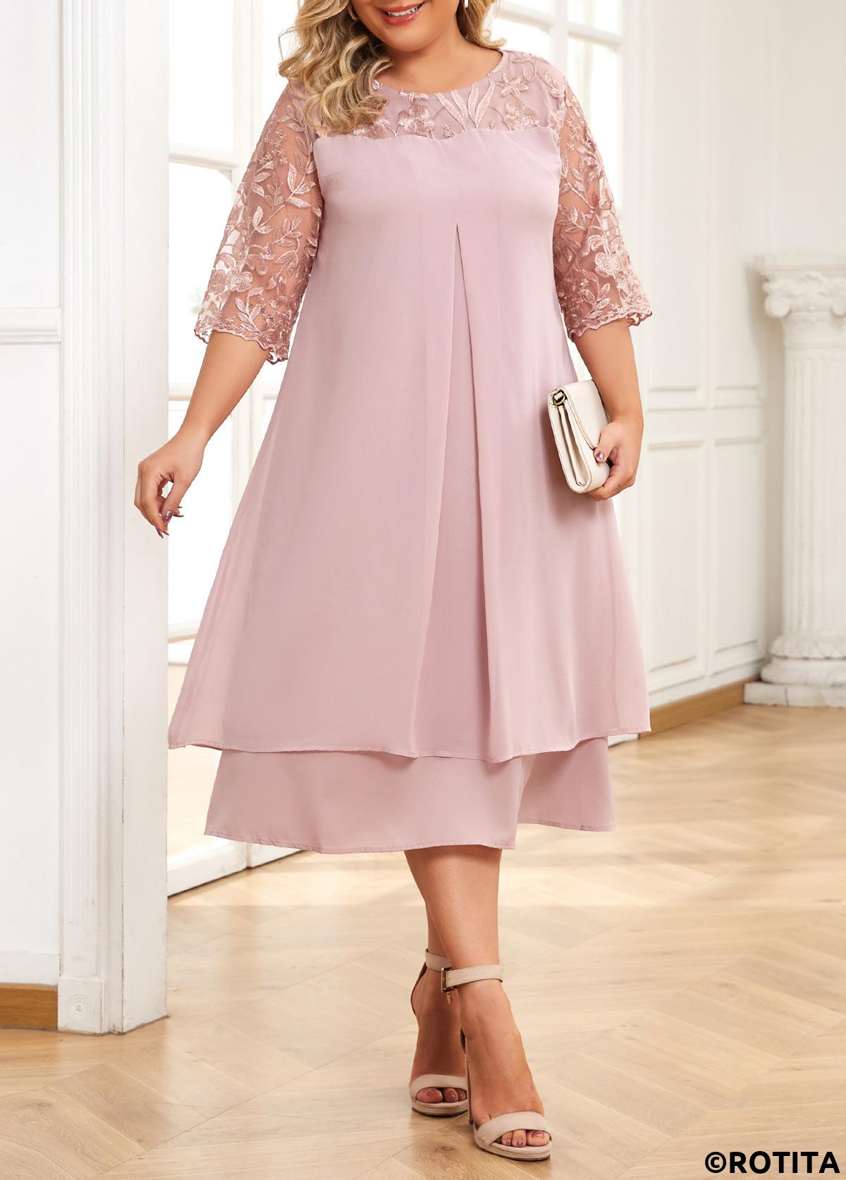 Light Pink plus size,Plain Color plus size,Plus Size Embroidery Light Pink A Line Dress