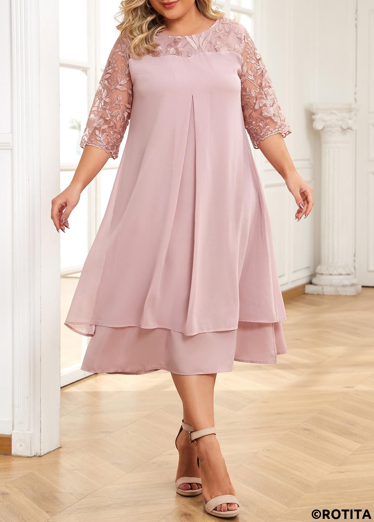 Light Pink plus size,Plain Color plus size,Plus Size Embroidery Light Pink A Line Dress