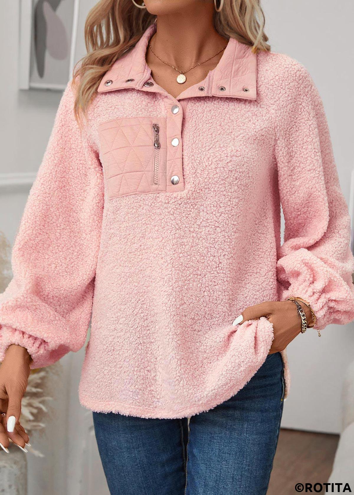 Sweat-shirt à manches longues et col rabattu en jacquard rose clair Rotita
