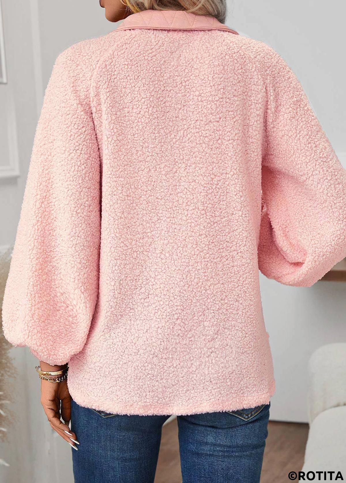 Sweat-shirt à manches longues et col rabattu en jacquard rose clair Rotita