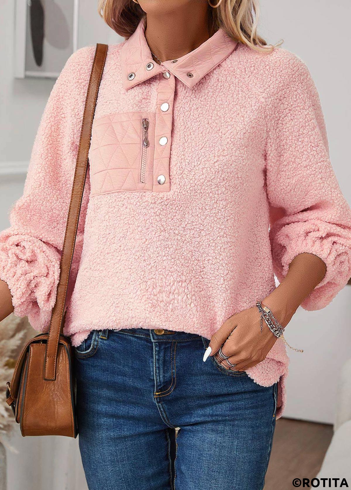 Sweat-shirt à manches longues et col rabattu en jacquard rose clair Rotita