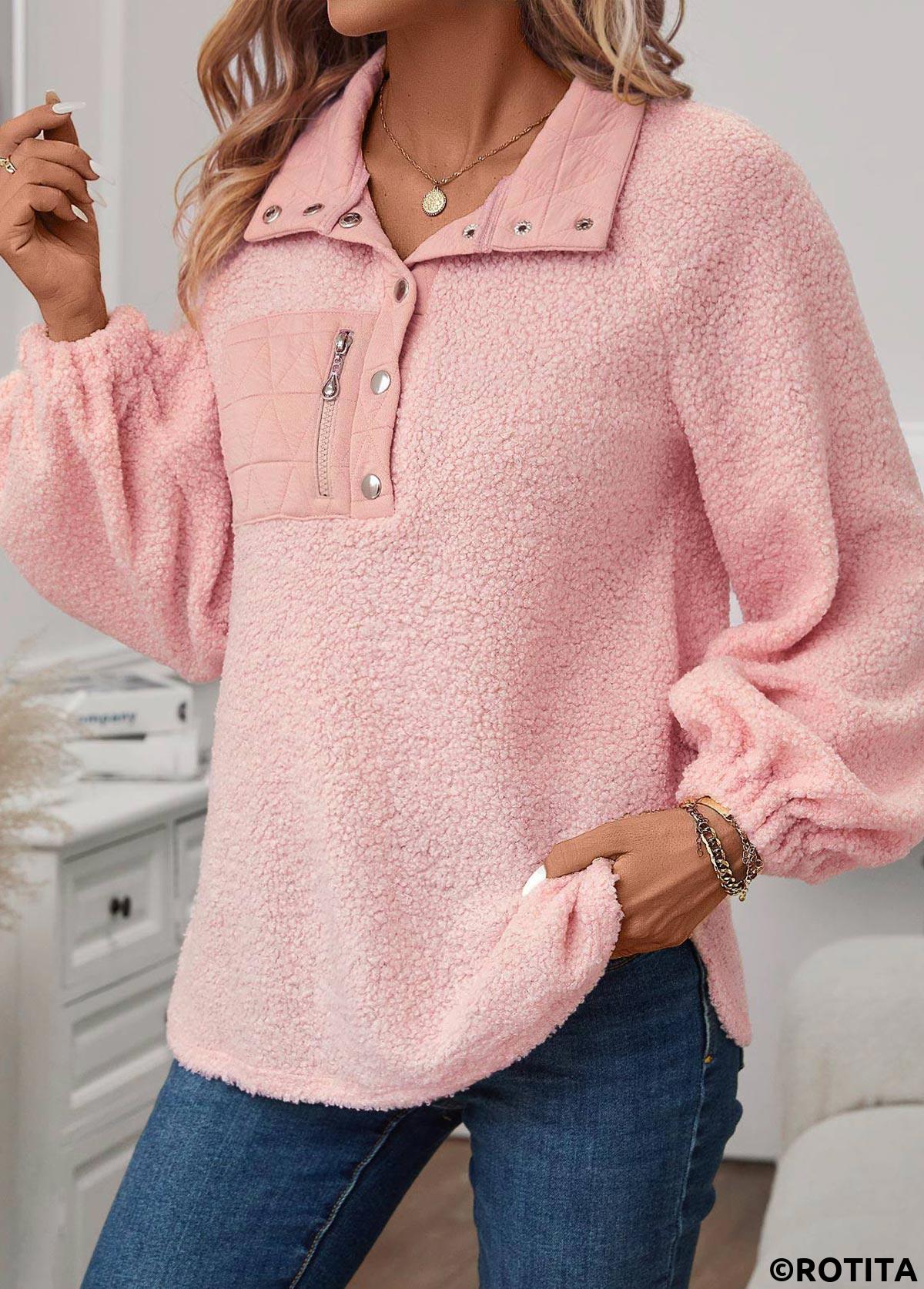 Sweat-shirt à manches longues et col rabattu en jacquard rose clair Rotita