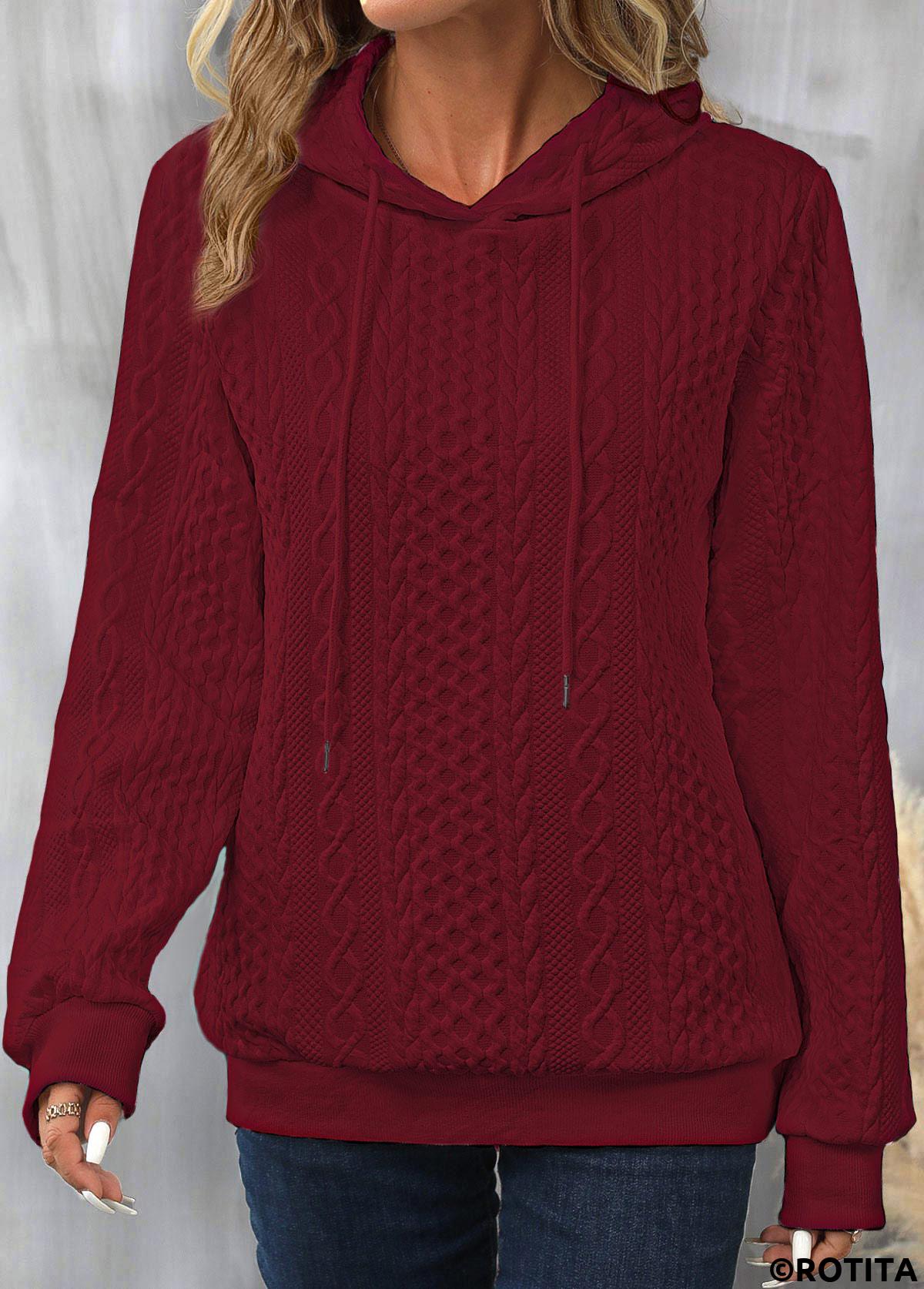 Wine Red tops,Plain Color tops,ROTITA Drawstring Wine Red Long Sleeve Hoodie