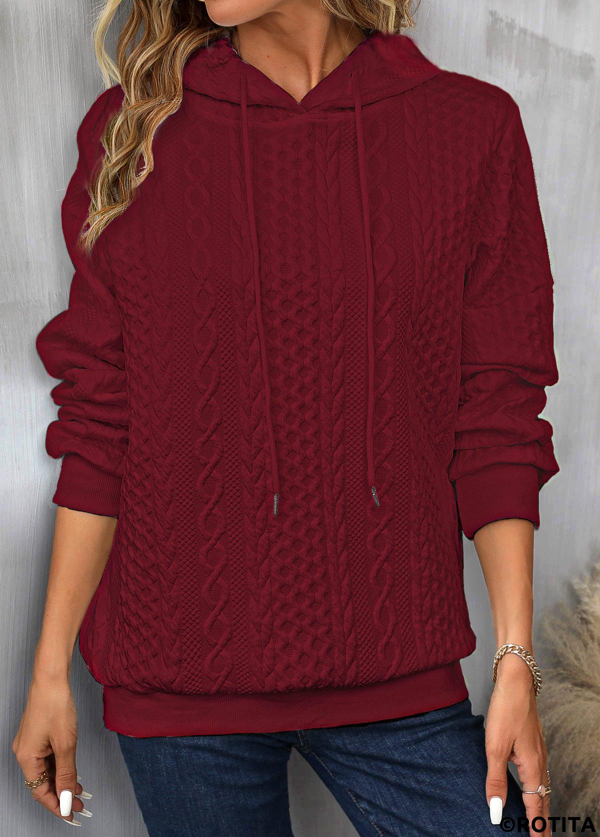 Wine Red tops,Plain Color tops,ROTITA Drawstring Wine Red Long Sleeve Hoodie