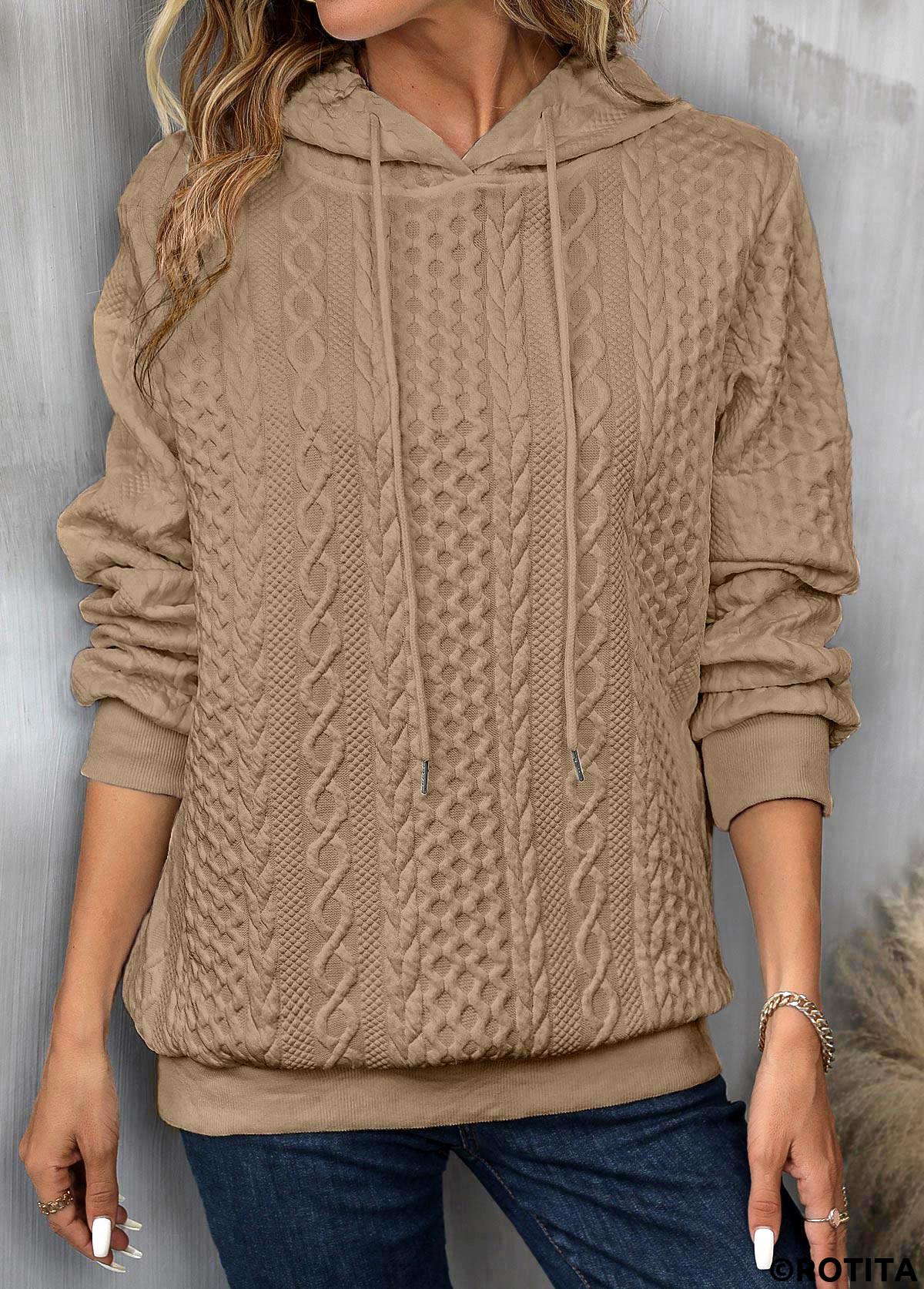 Light Camel tops,Plain Color tops,ROTITA Drawstring Light Camel Long Sleeve Hoodie