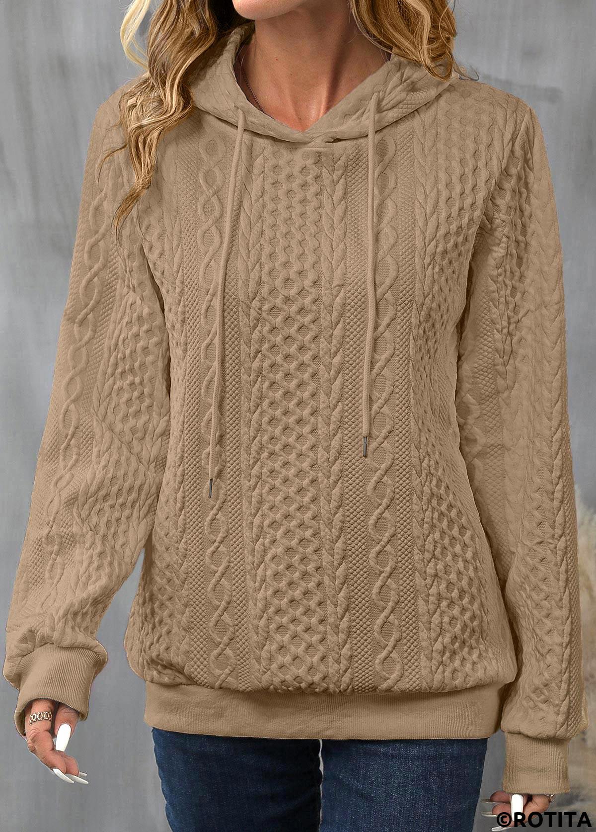 Light Camel tops,Plain Color tops,ROTITA Drawstring Light Camel Long Sleeve Hoodie