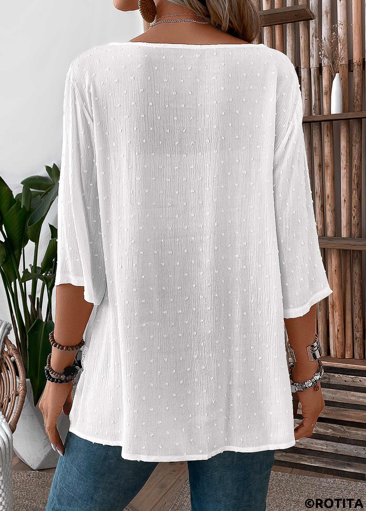White tops,Plain Color tops,ROTITA Patchwork White V Neck 3/4 Sleeve Blouse
