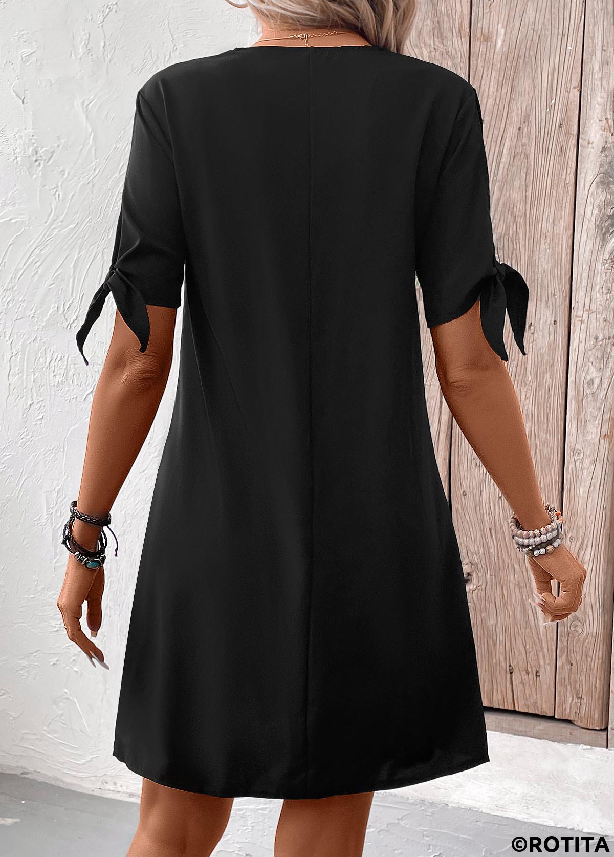 Black dresses,Plain Color dresses,Everyday dresses,Casual dresses,ROTITA Patchwork Black Short V Neck Shift Dress