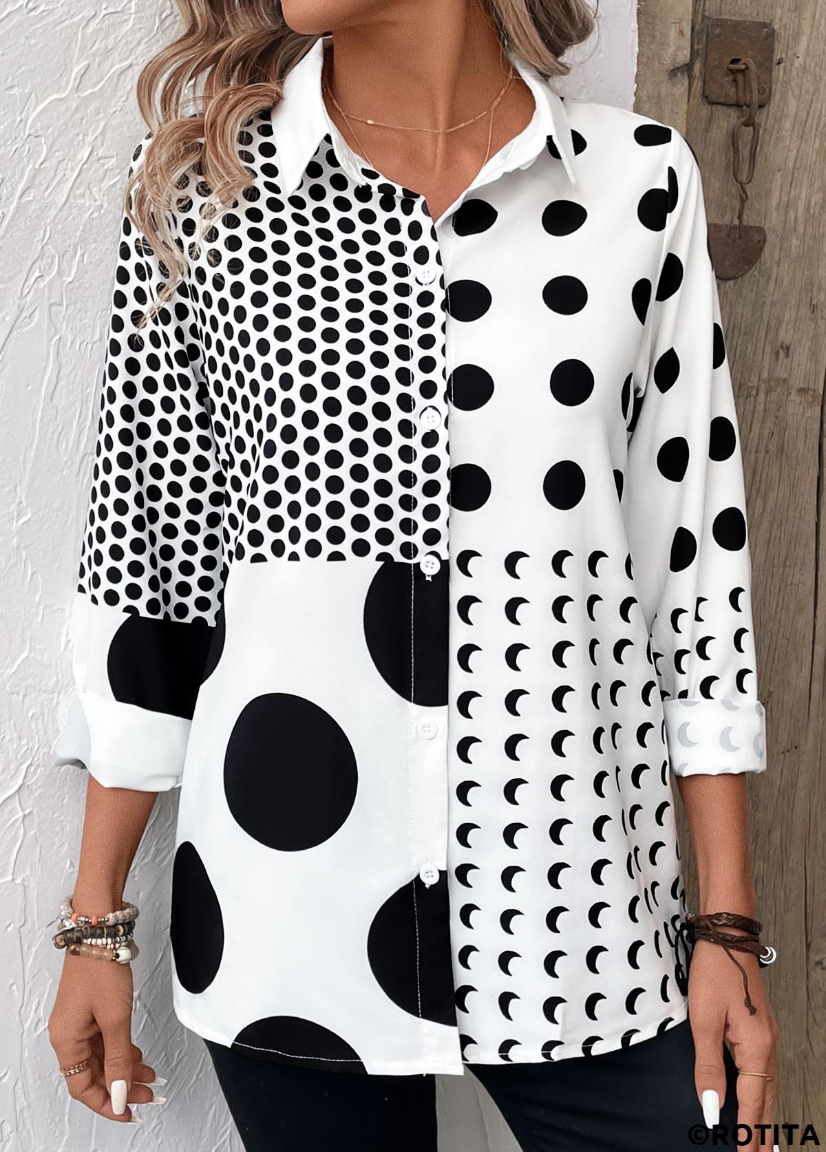 White tops,Black tops,Dot tops,Button Polka Dot White Shirt Collar Long Sleeve Blouse