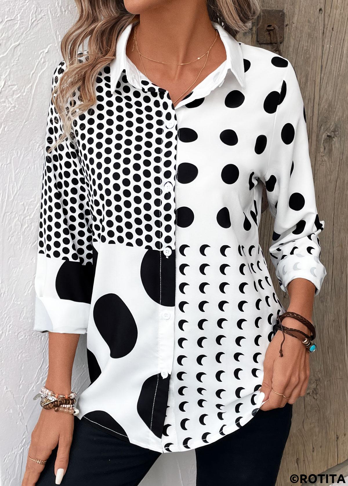 White tops,Black tops,Dot tops,Button Polka Dot White Shirt Collar Long Sleeve Blouse
