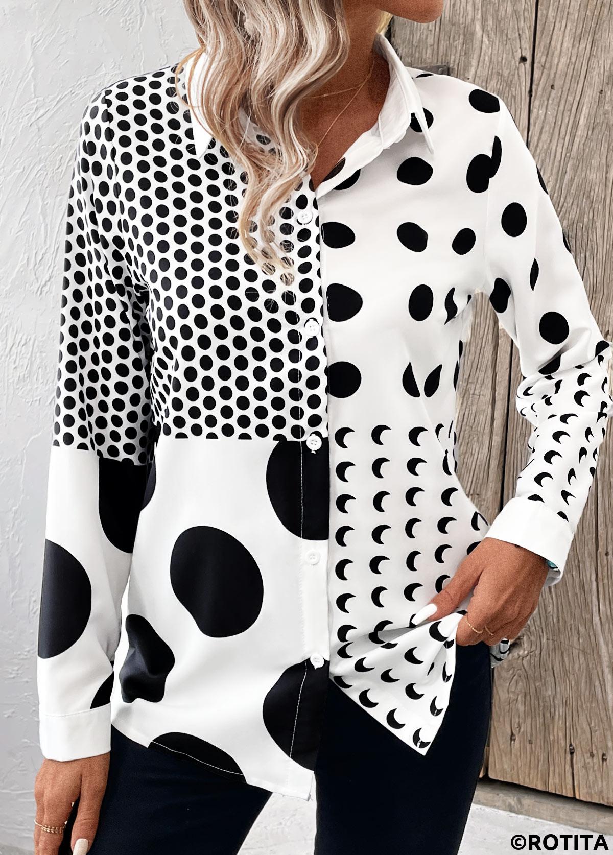 White tops,Black tops,Dot tops,Button Polka Dot White Shirt Collar Long Sleeve Blouse