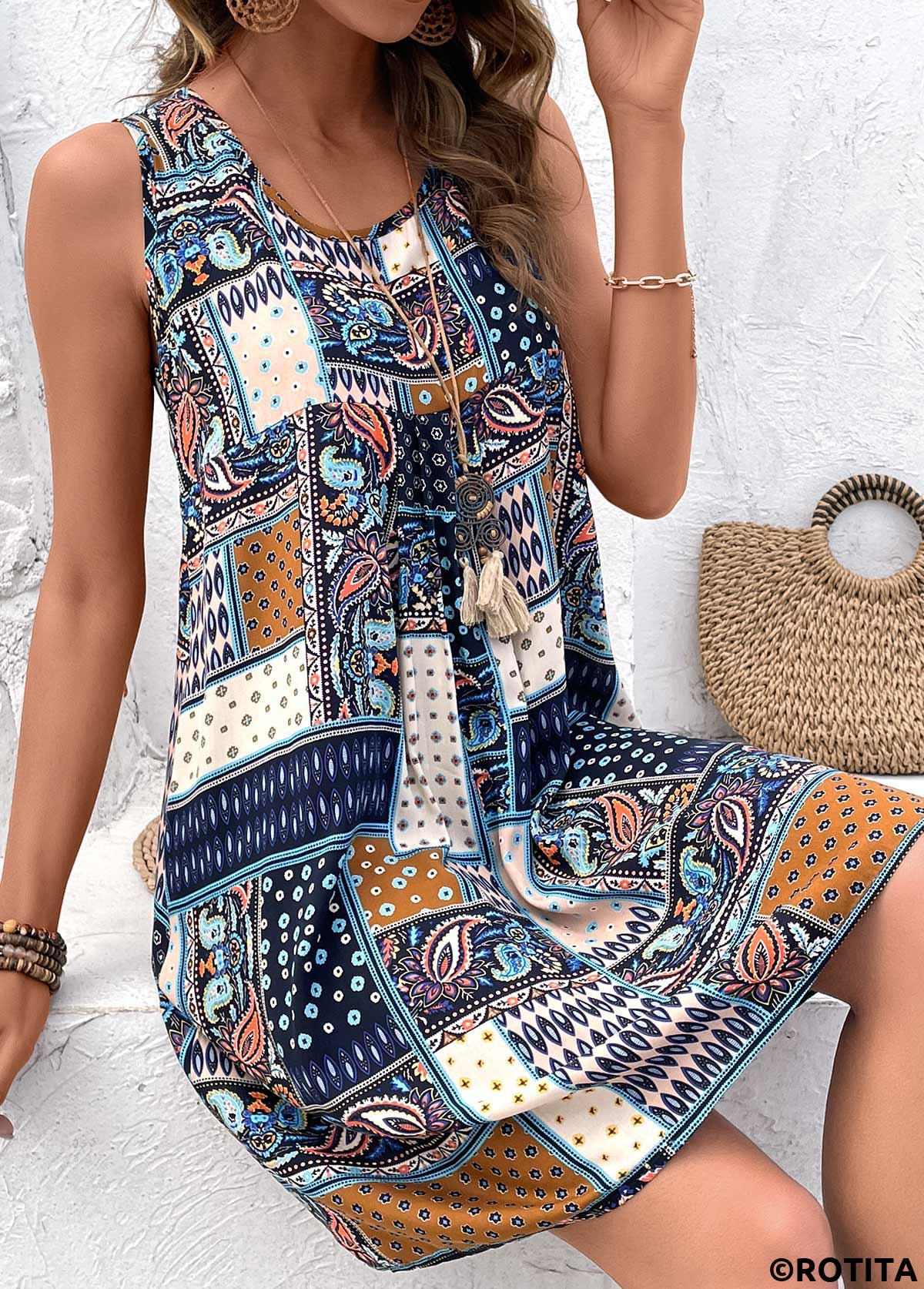 Multi Color dresses,Tribal dresses,Geometric dresses,Everyday dresses,Casual dresses,Patchwork Tribal Print Multi Color Short A Line Dress
