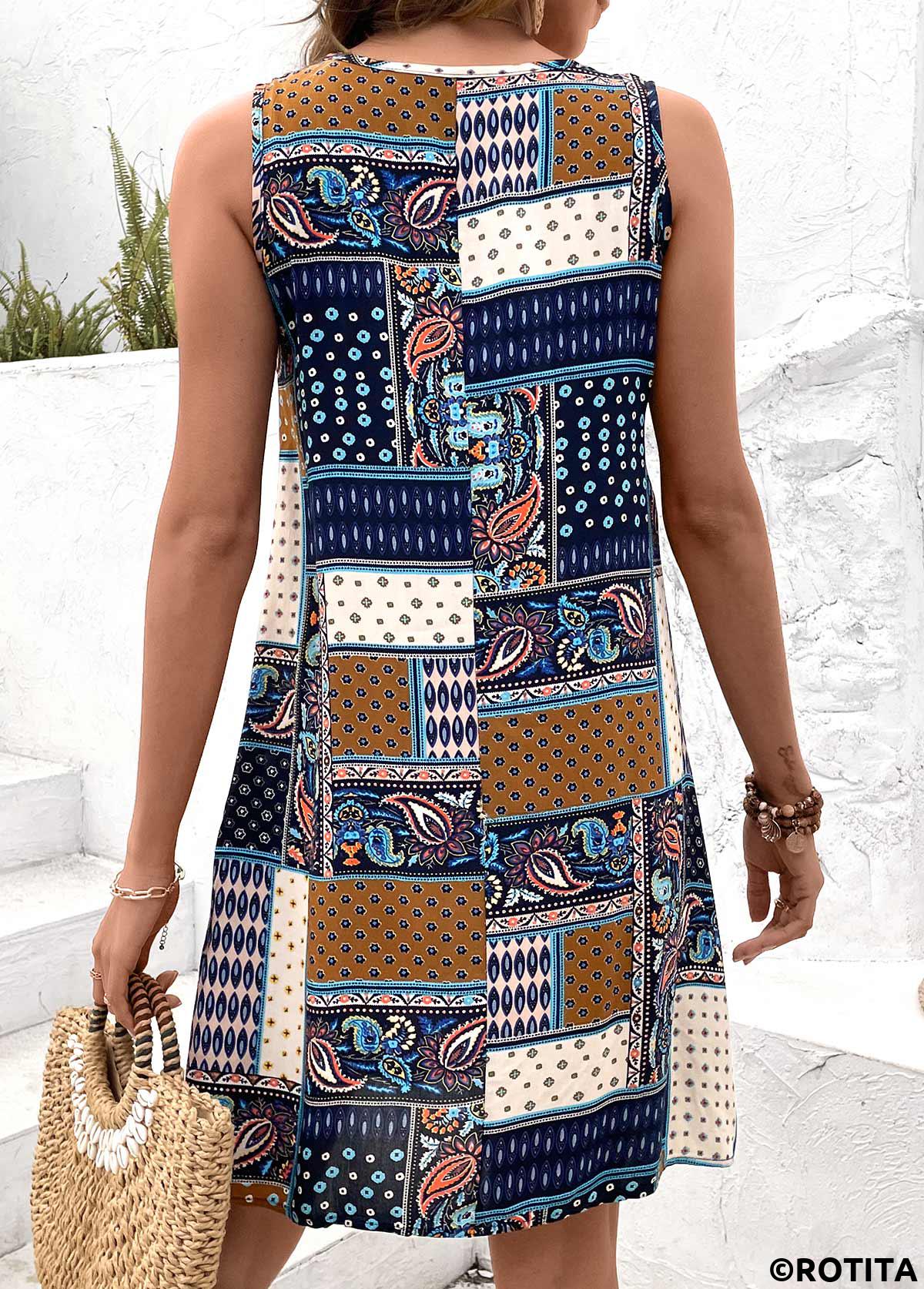 Multi Color dresses,Tribal dresses,Geometric dresses,Everyday dresses,Casual dresses,Patchwork Tribal Print Multi Color Short A Line Dress