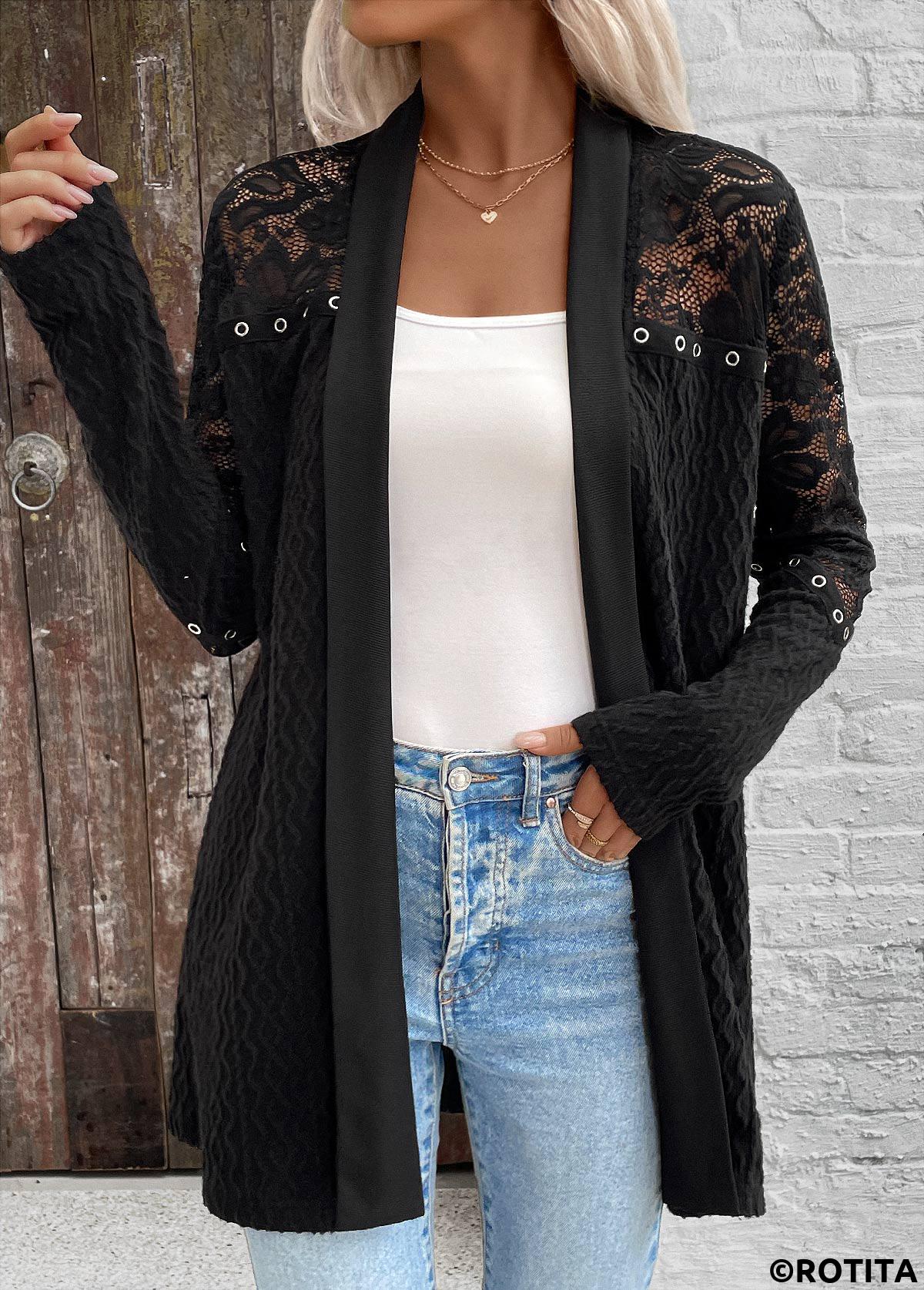 Black tops,Plain Color tops,ROTITA Patchwork Black Long Sleeve Light Cardigan