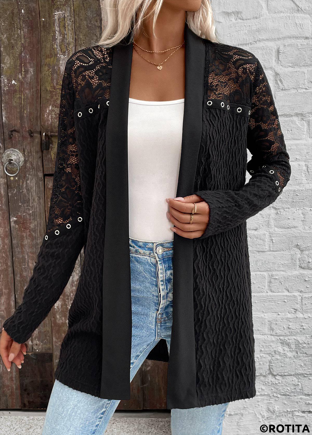 Black tops,Plain Color tops,ROTITA Patchwork Black Long Sleeve Light Cardigan