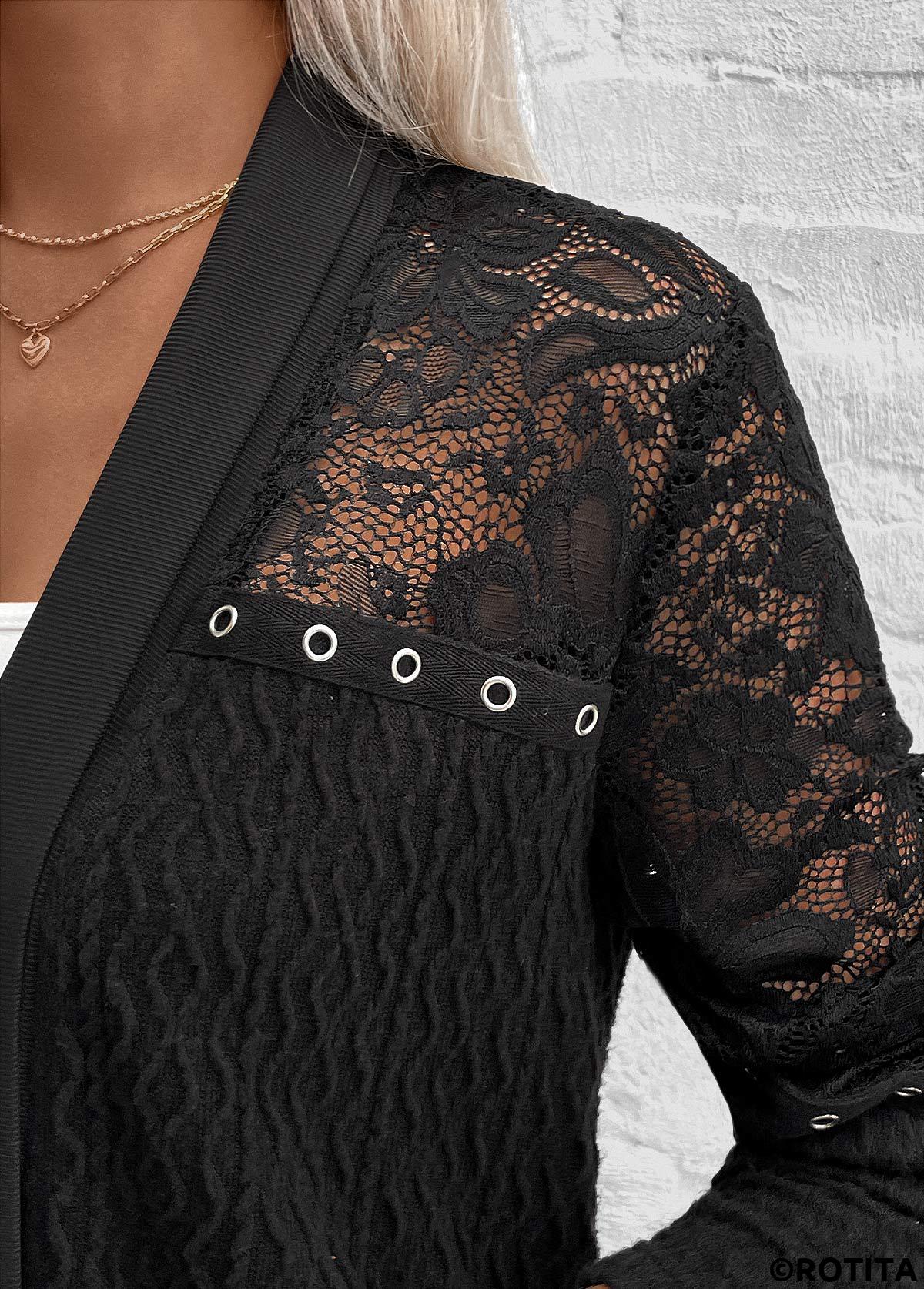 Black tops,Plain Color tops,ROTITA Patchwork Black Long Sleeve Light Cardigan