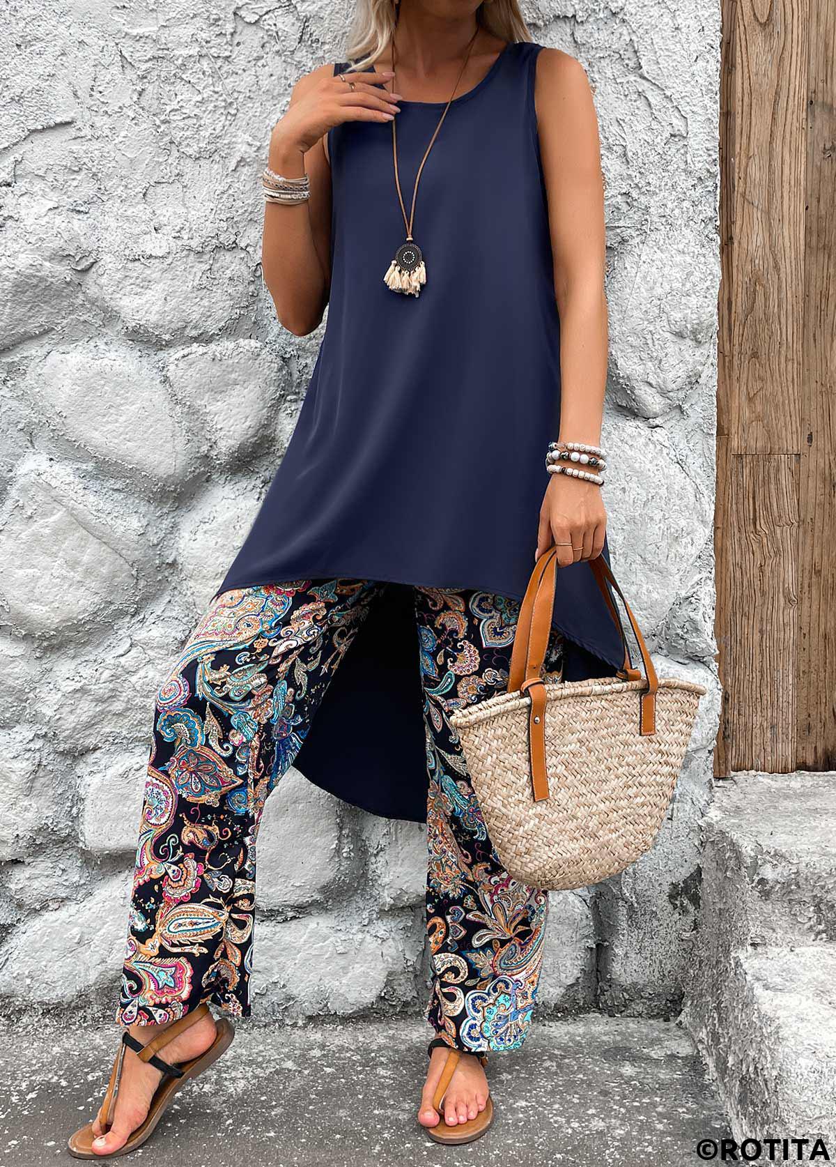 Navy jumpsuits&rompers,Tribal jumpsuits&rompers,Paisley jumpsuits&rompers,ROTITA Lightweight Tribal Print Navy Ankle Length Top  and Pants