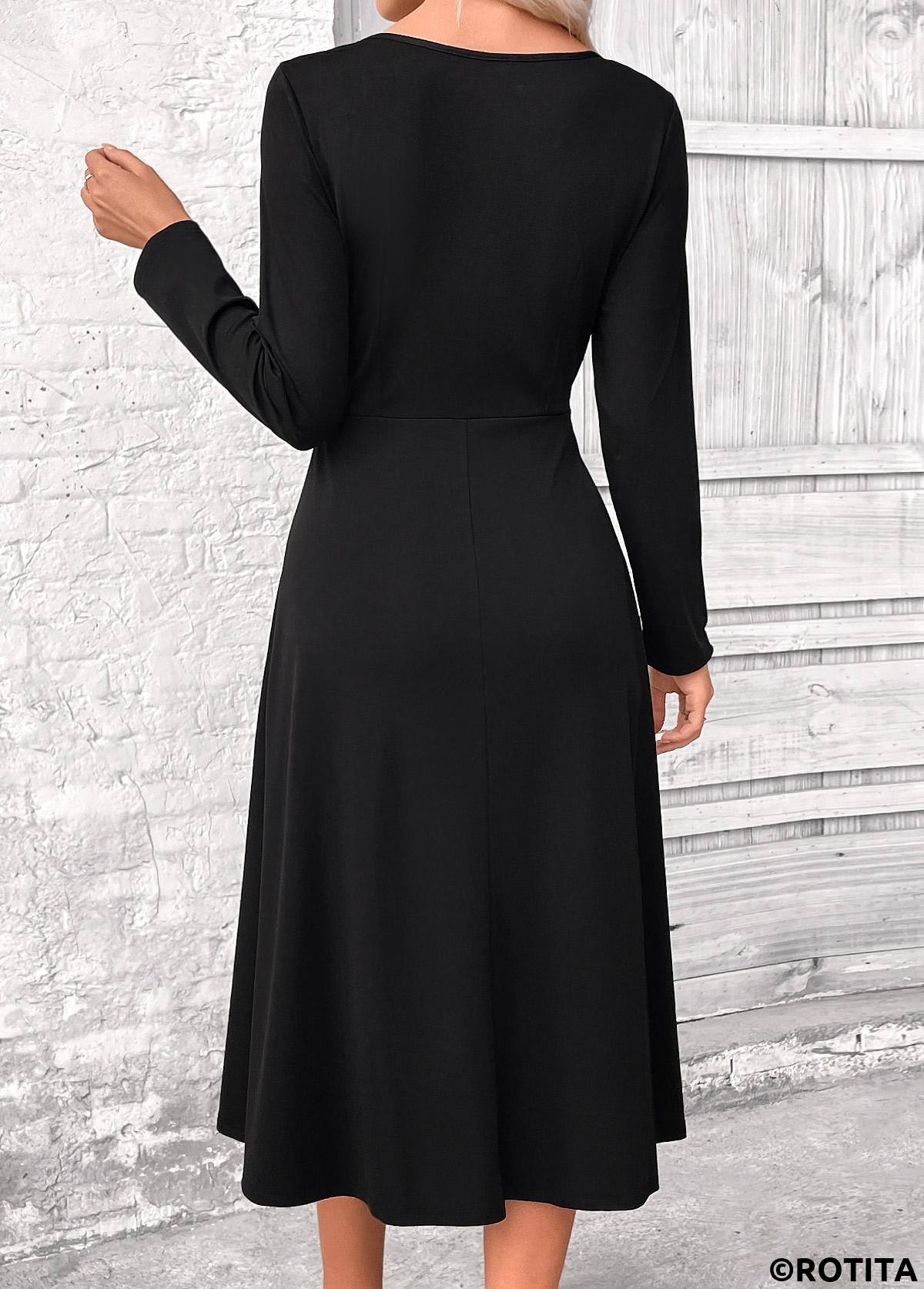Black dresses,Plaid dresses,Geometric dresses,Everyday dresses,Casual dresses,ROTITA Patchwork Plaid Black Belted Square Neck Long Sleeve Dress
