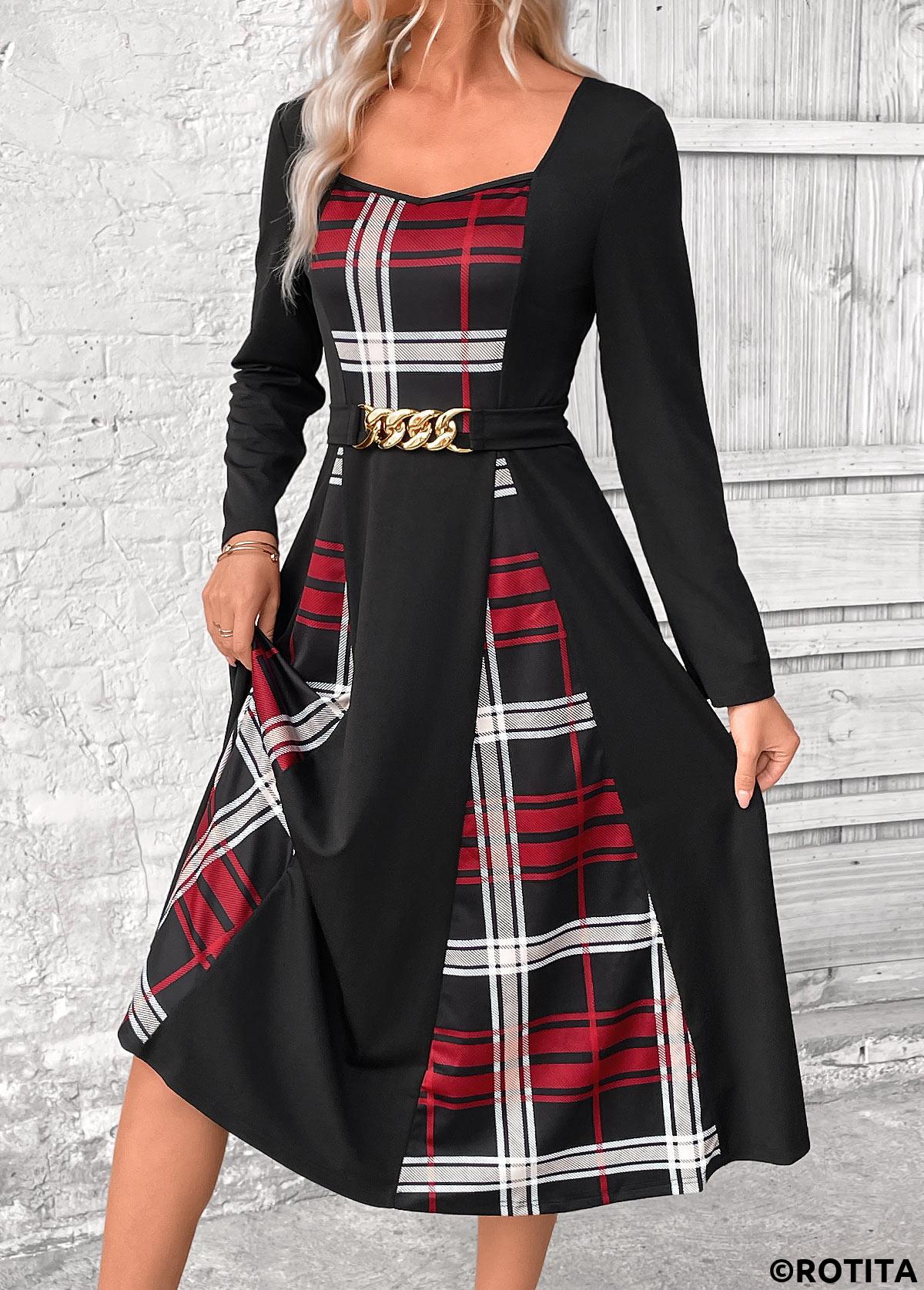 Black dresses,Plaid dresses,Geometric dresses,Everyday dresses,Casual dresses,ROTITA Patchwork Plaid Black Belted Square Neck Long Sleeve Dress
