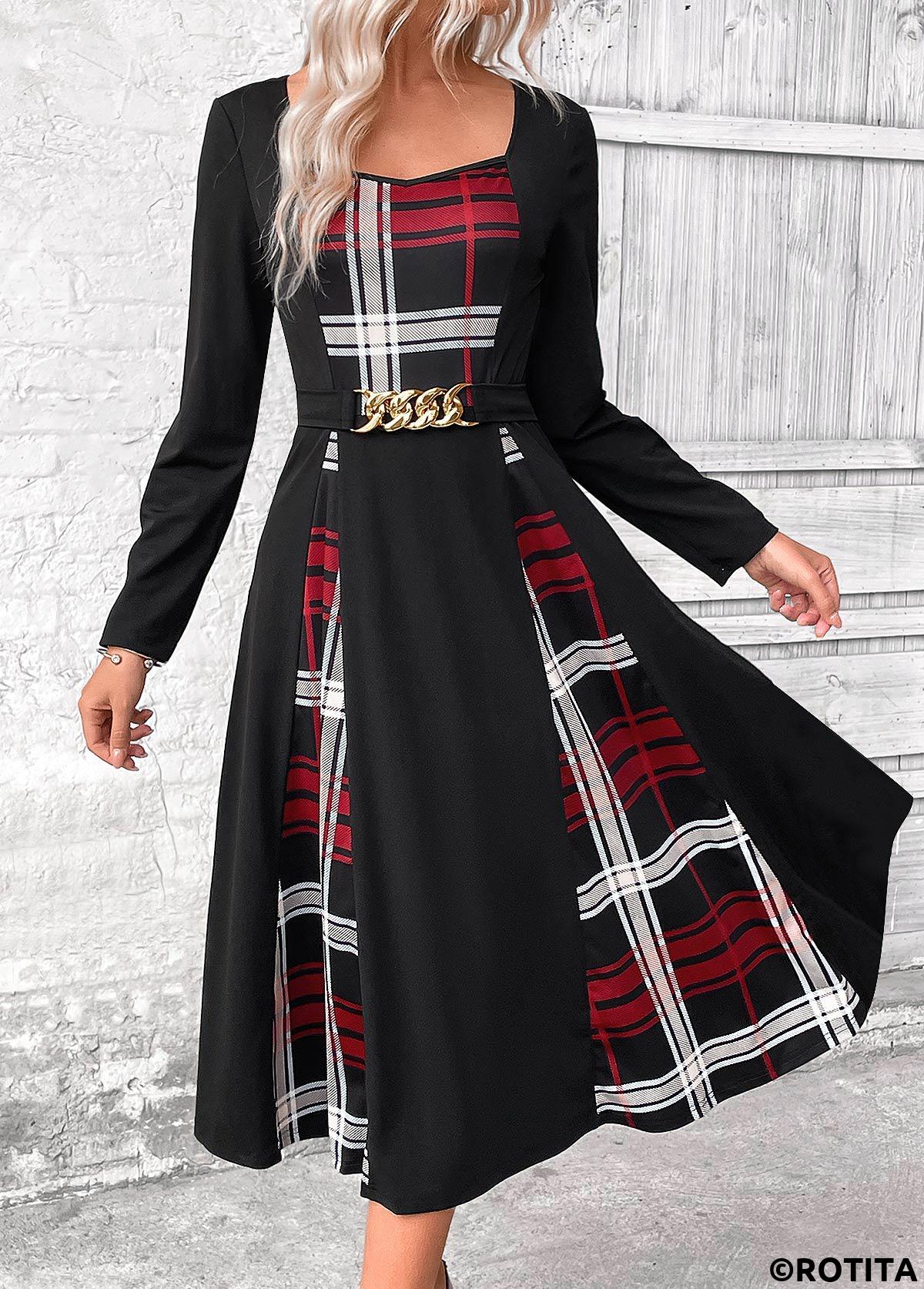 Black dresses,Plaid dresses,Geometric dresses,Everyday dresses,Casual dresses,ROTITA Patchwork Plaid Black Belted Square Neck Long Sleeve Dress