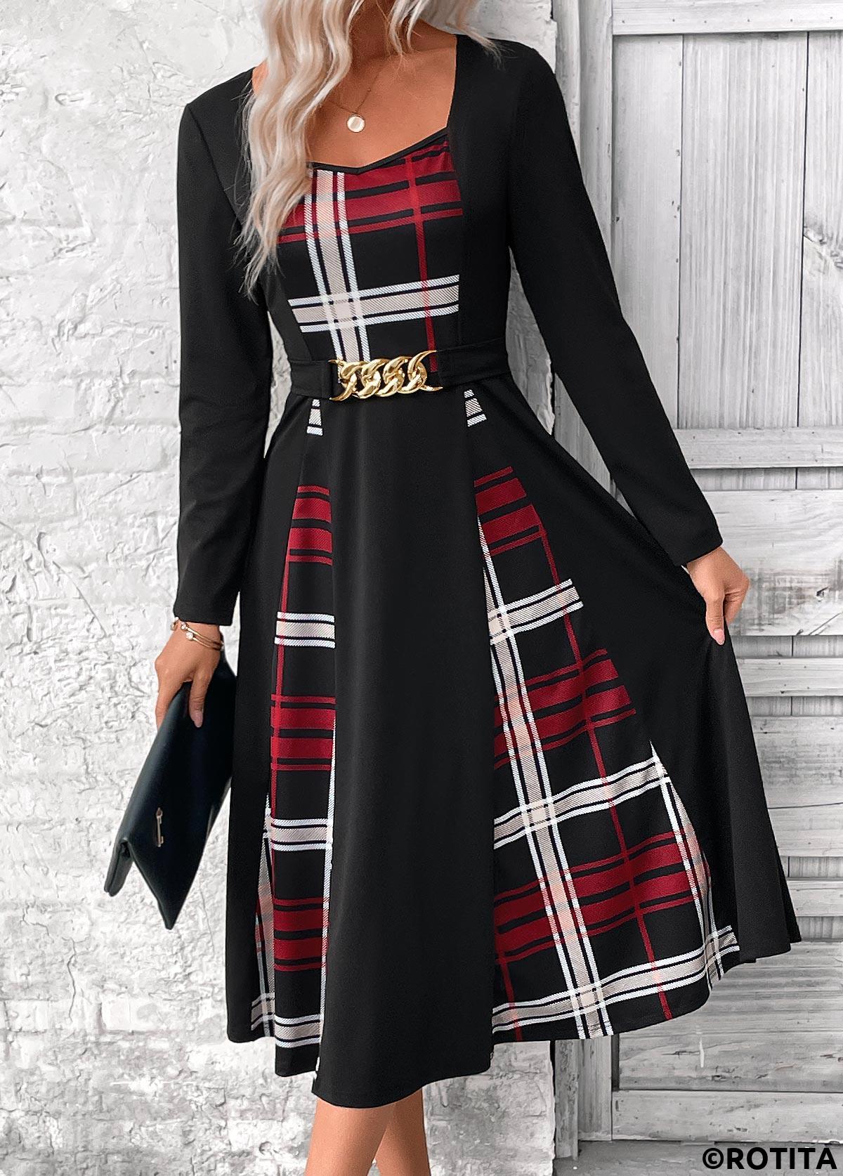 Black dresses,Plaid dresses,Geometric dresses,Everyday dresses,Casual dresses,ROTITA Patchwork Plaid Black Belted Square Neck Long Sleeve Dress