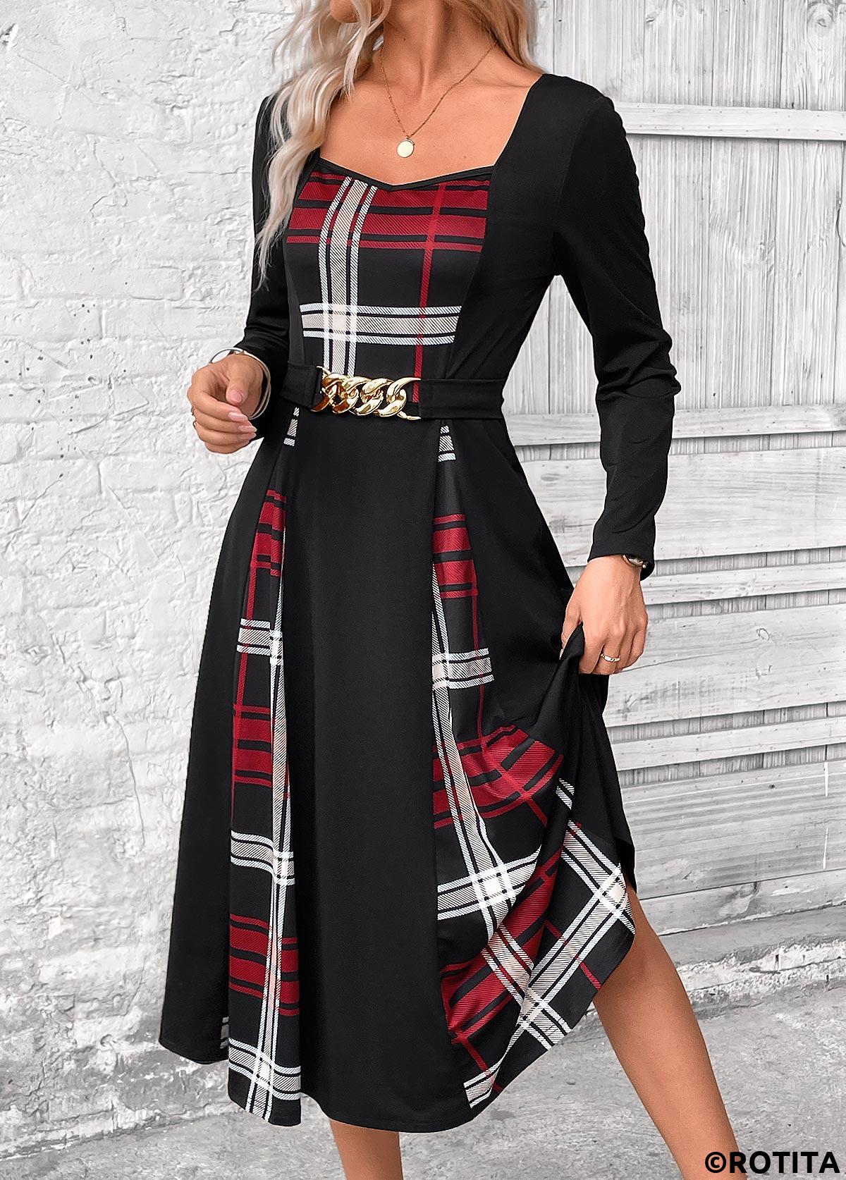 Black dresses,Plaid dresses,Geometric dresses,Everyday dresses,Casual dresses,ROTITA Patchwork Plaid Black Belted Square Neck Long Sleeve Dress