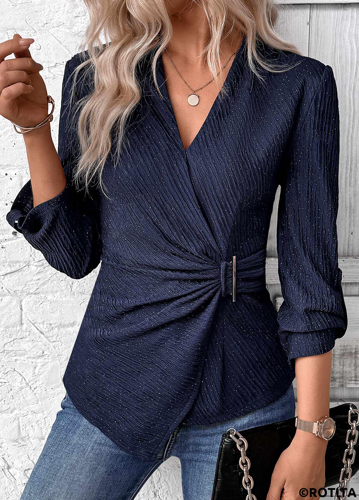 Navy tops,Plain Color tops,ROTITA Surplice Navy V Neck Long Sleeve Shirt