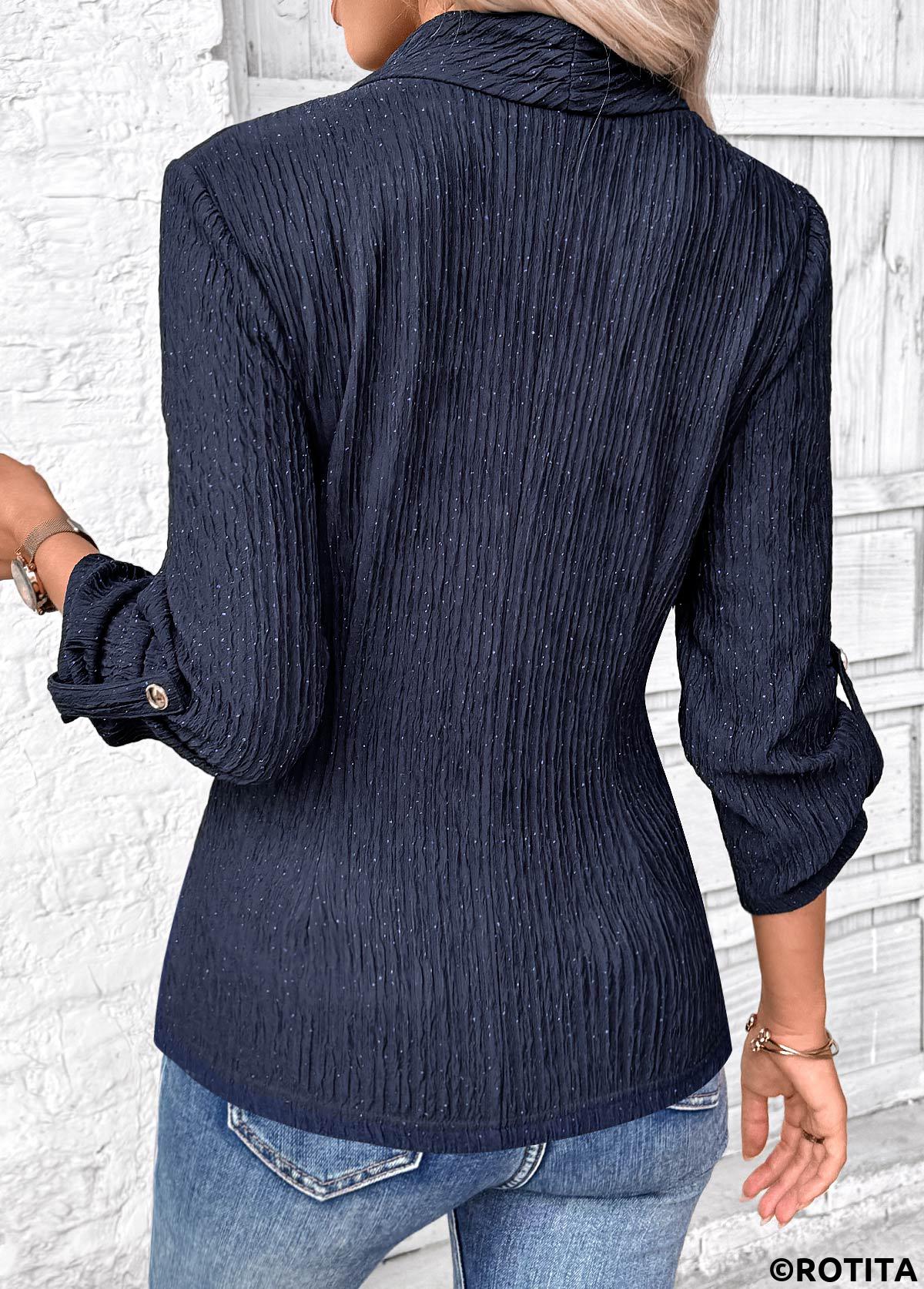 Navy tops,Plain Color tops,ROTITA Surplice Navy V Neck Long Sleeve Shirt