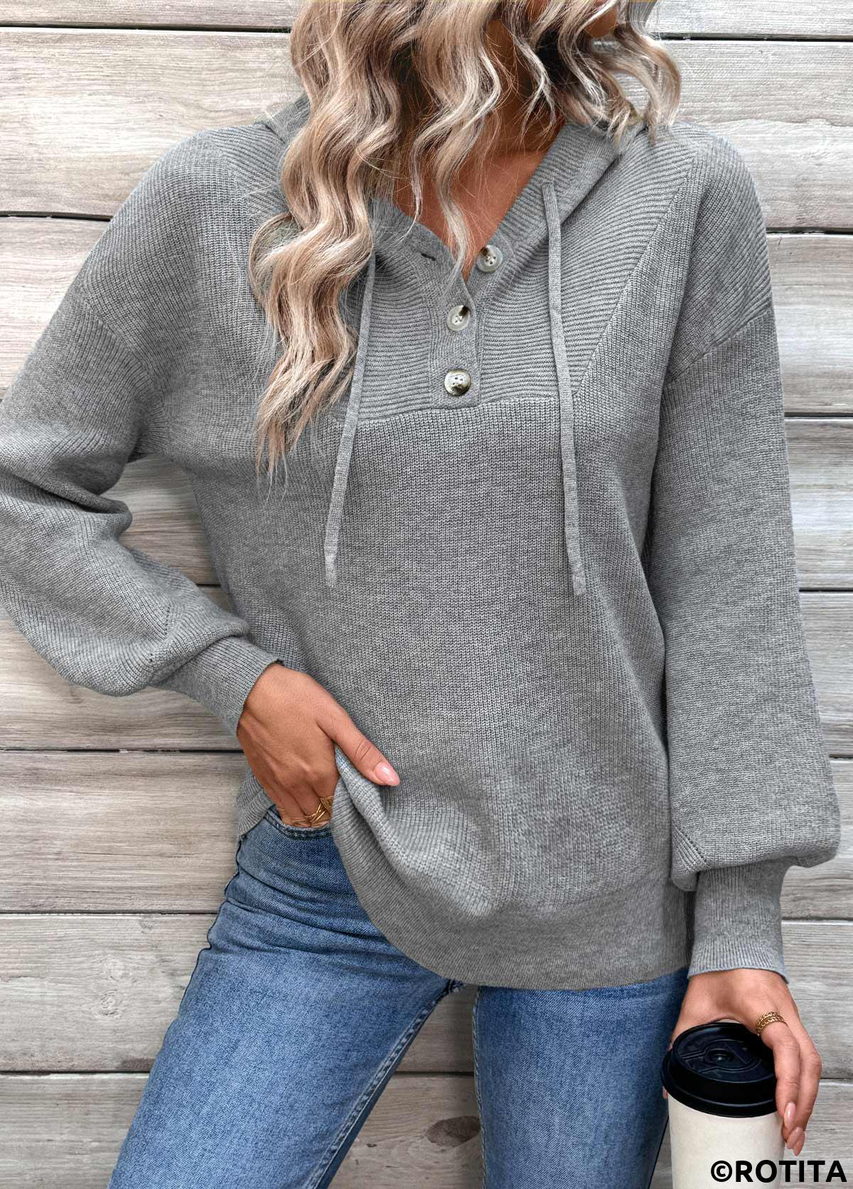 Dark Grey tops,Plain Color tops,Patchwork Dark Grey Hooded Long Sleeve Sweater