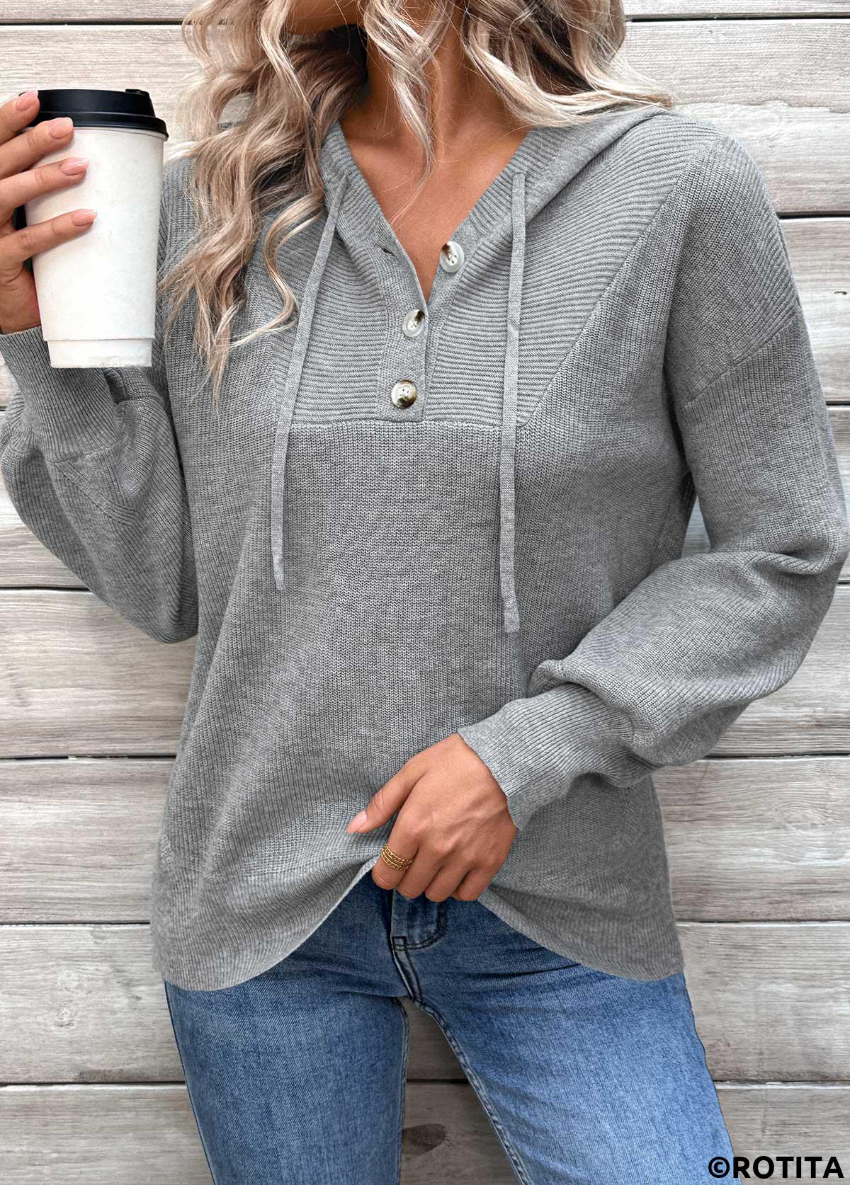 Dark Grey tops,Plain Color tops,Patchwork Dark Grey Hooded Long Sleeve Sweater