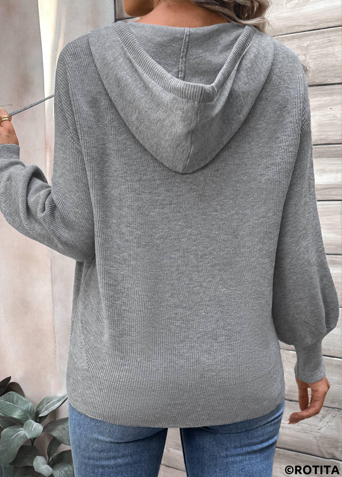 Dark Grey tops,Plain Color tops,Patchwork Dark Grey Hooded Long Sleeve Sweater
