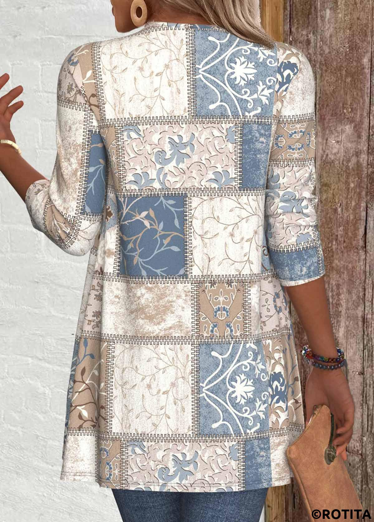 Light Camel tops,Geometric tops,Tribal tops,Plants tops,ROTITA Patchwork Geometric Print Long Sleeve Light Cardigan