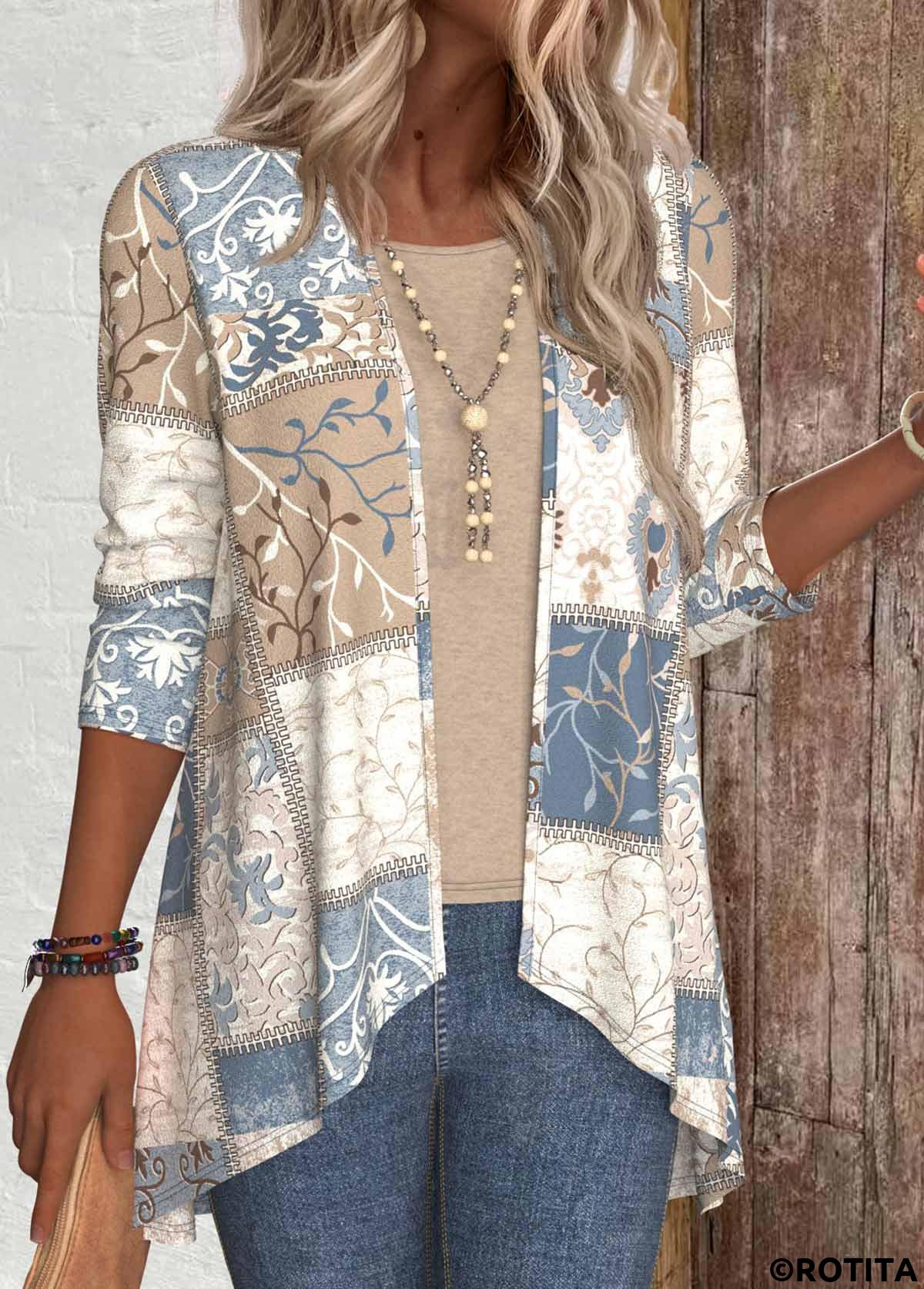 Light Camel tops,Geometric tops,Tribal tops,Plants tops,ROTITA Patchwork Geometric Print Long Sleeve Light Cardigan