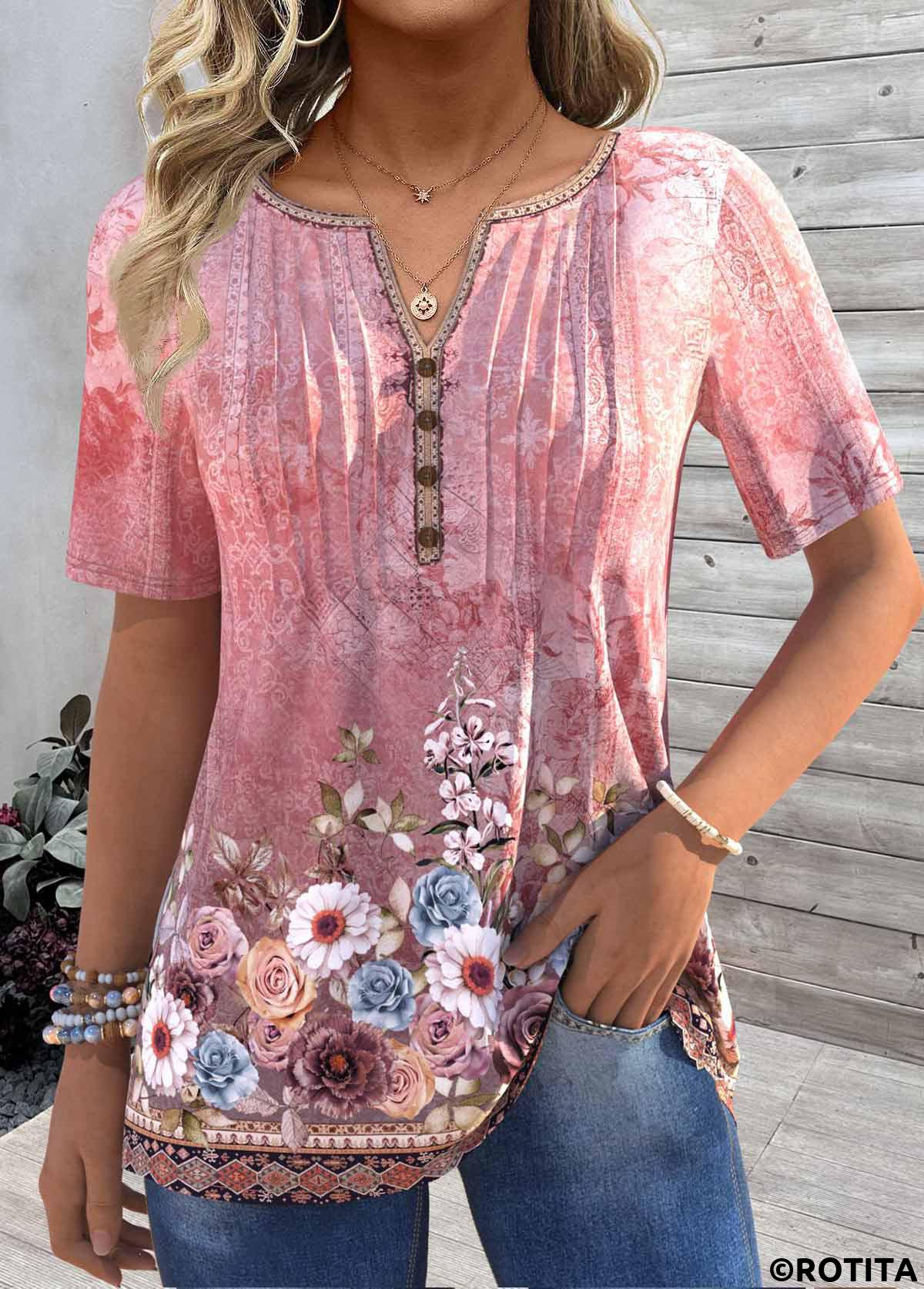 Pink tops,Floral tops,Plants tops,ROTITA Tuck Stitch Floral Print Pink Split Neck T Shirt