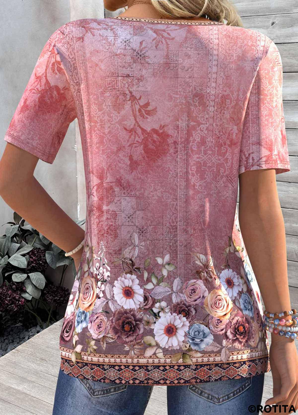 Pink tops,Floral tops,Plants tops,ROTITA Tuck Stitch Floral Print Pink Split Neck T Shirt