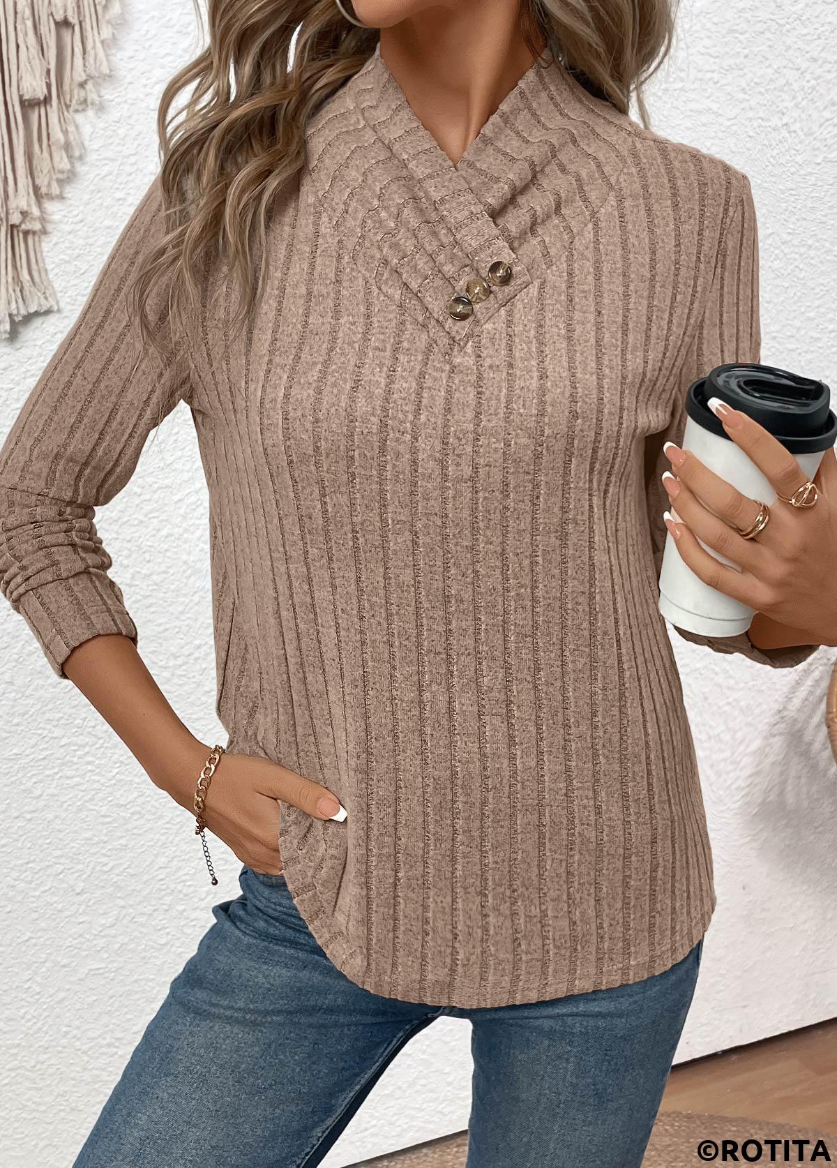 Gray Brown tops,Plain Color tops,ROTITA Surplice Button Gray Brown Long Sleeve T Shirt