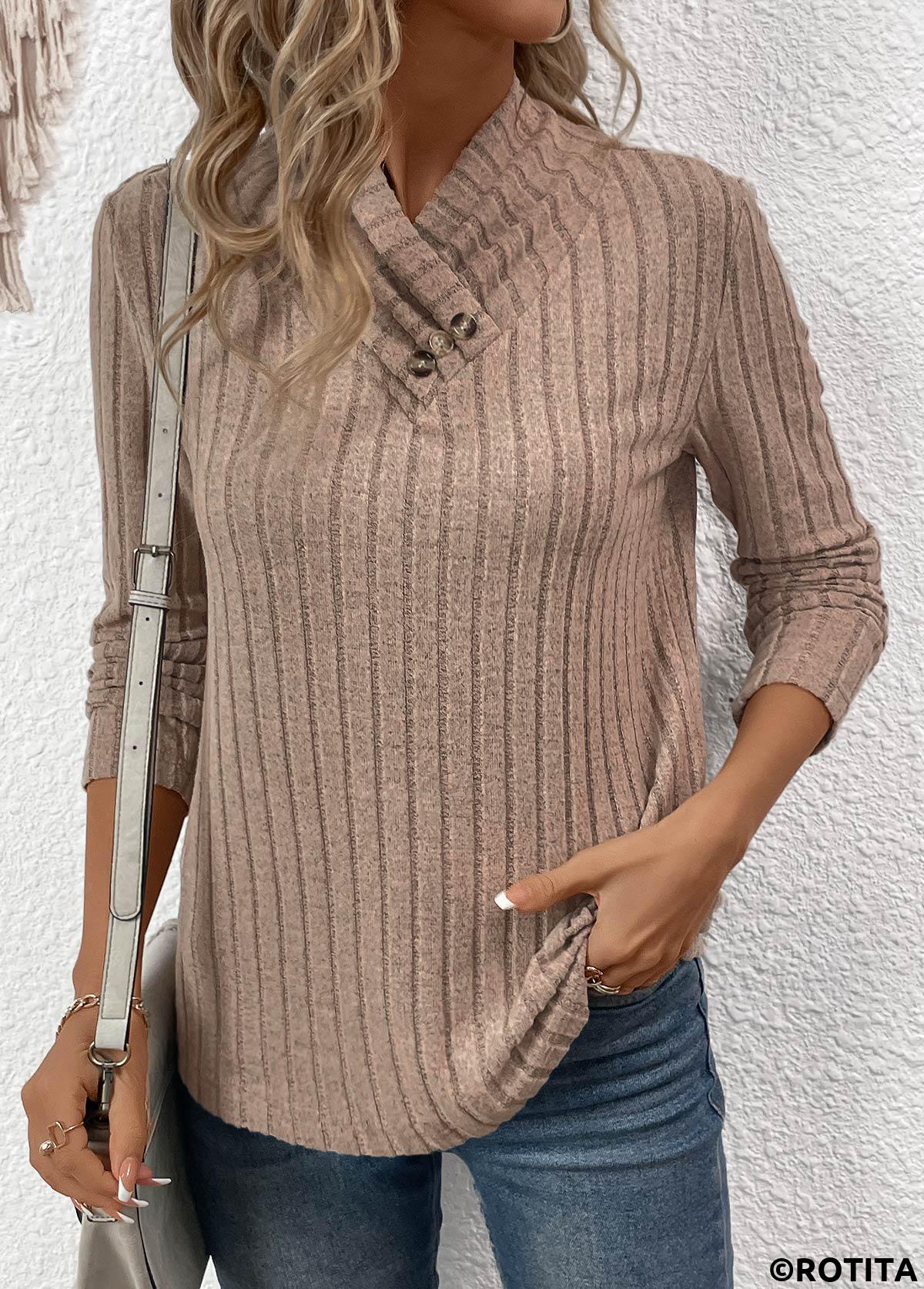 Gray Brown tops,Plain Color tops,ROTITA Surplice Button Gray Brown Long Sleeve T Shirt