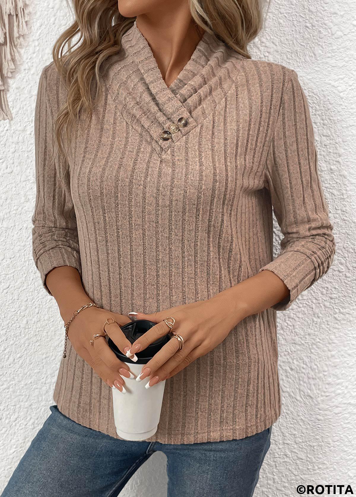 Gray Brown tops,Plain Color tops,ROTITA Surplice Button Gray Brown Long Sleeve T Shirt