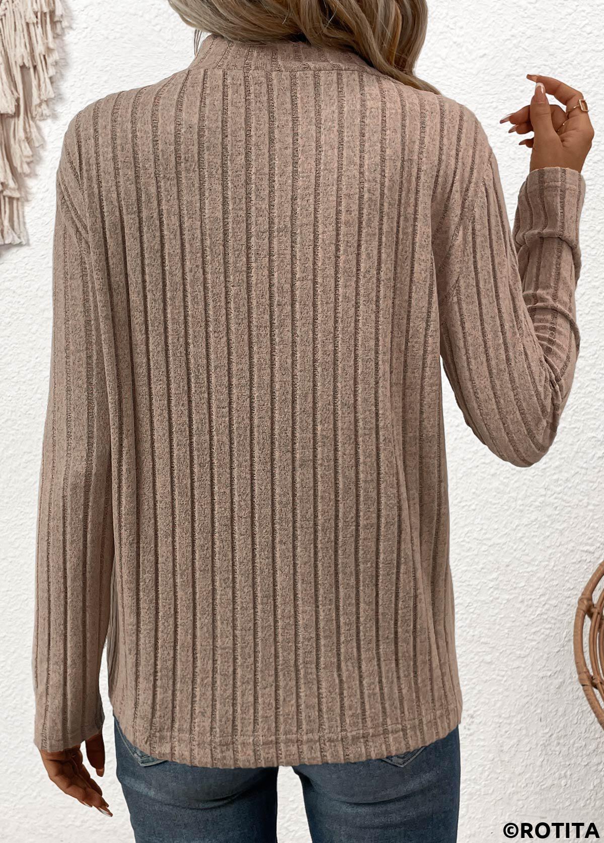 Gray Brown tops,Plain Color tops,ROTITA Surplice Button Gray Brown Long Sleeve T Shirt