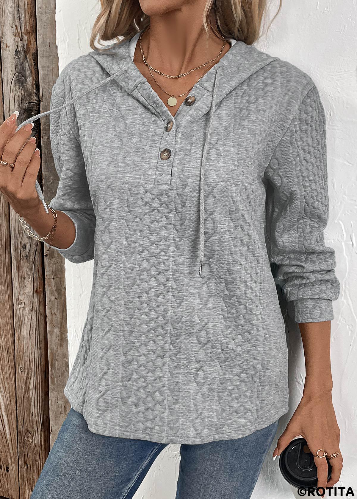 Sweat à capuche boutonné à manches longues en jacquard gris Rotita