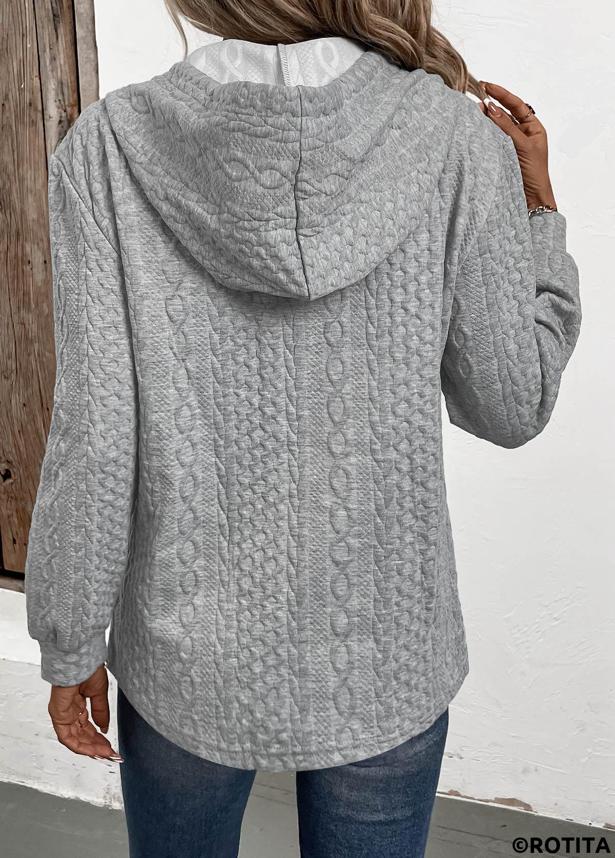Sweat à capuche boutonné à manches longues en jacquard gris Rotita