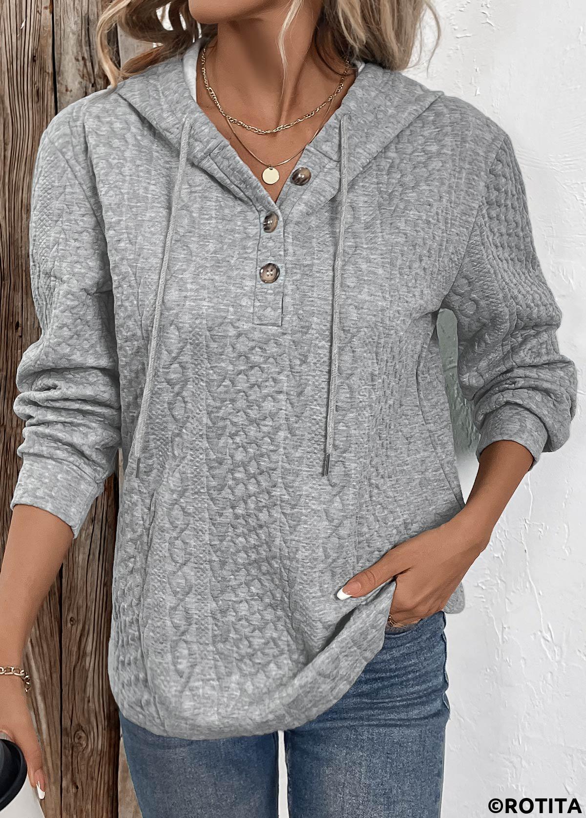 Sweat à capuche boutonné à manches longues en jacquard gris Rotita