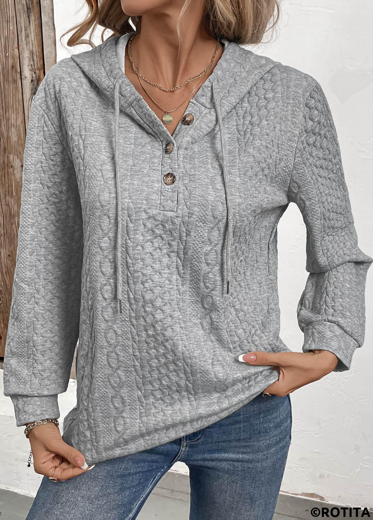 Sweat à capuche boutonné à manches longues en jacquard gris Rotita