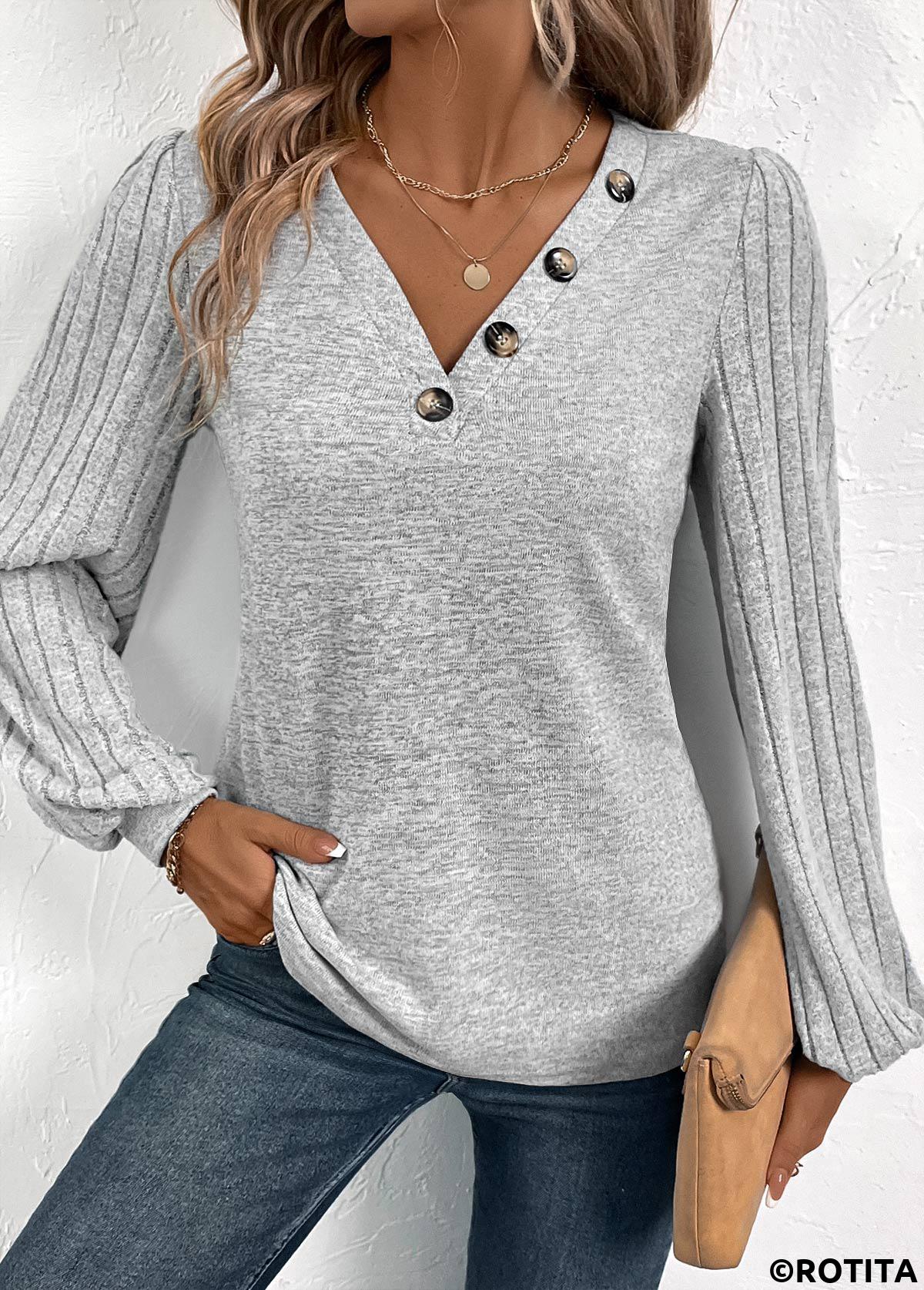 Light Grey tops,Plain Color tops,ROTITA Button Light Grey V Neck Long Sleeve T Shirt
