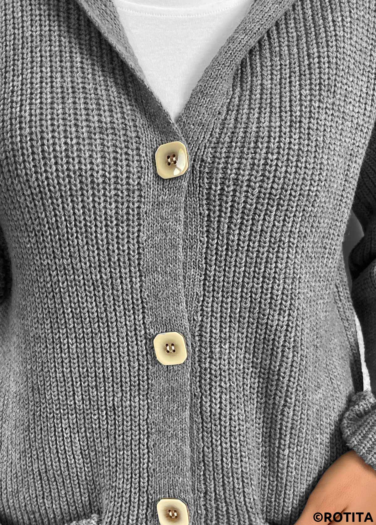 Grey tops,Plain Color tops,Button Grey V Neck Long Sleeve Cardigan